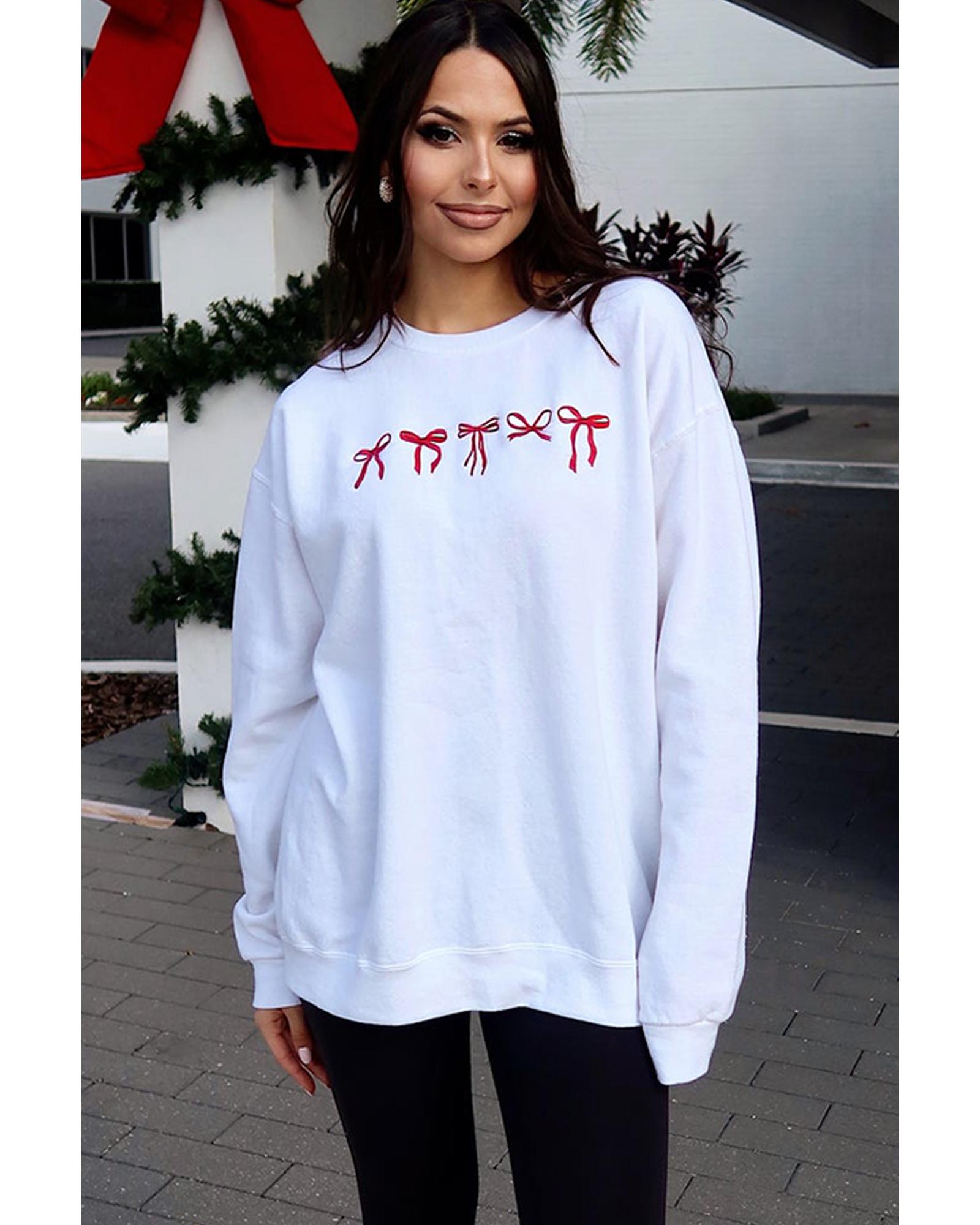 White Diverse Bow Embroidery Drop Shoulder Sweatshirt - L