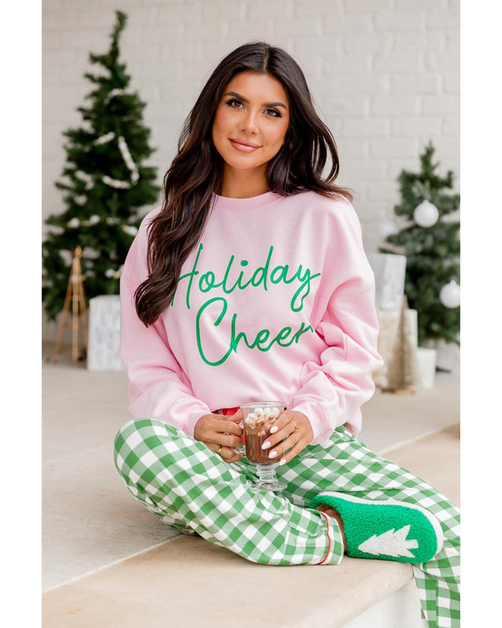 Pink Holiday Cheer Letter Graphic Christmas Slogan Sweatshirt - L