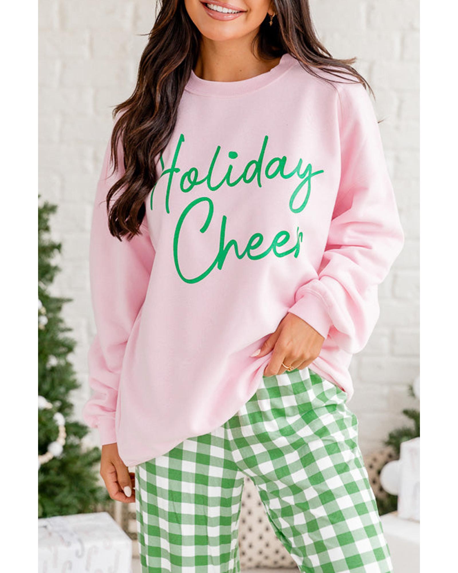Pink Holiday Cheer Letter Graphic Christmas Slogan Sweatshirt - L