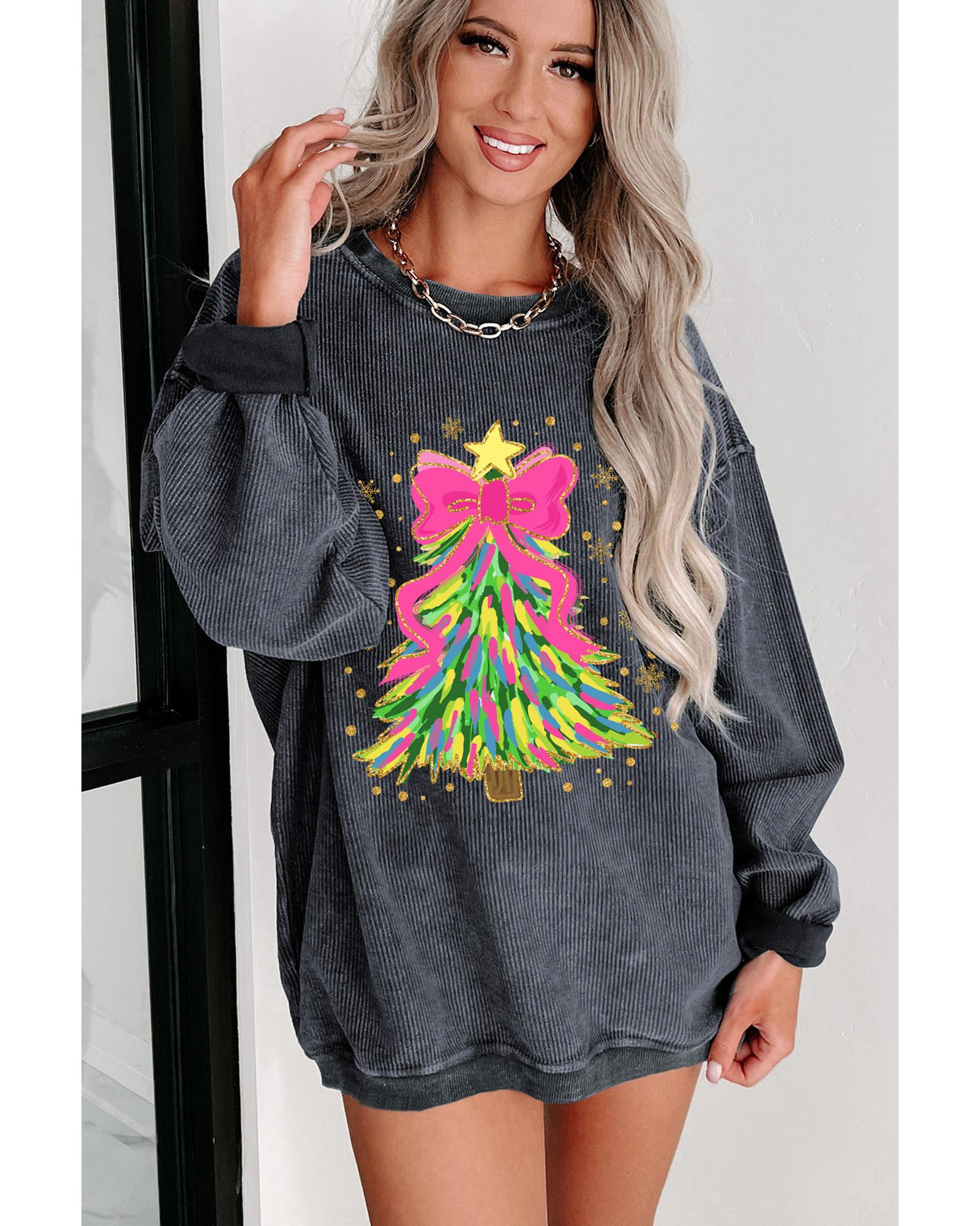 Gray Stunning Christmas Tree Printed Drop Shoulder Corded Sweatshirt - L