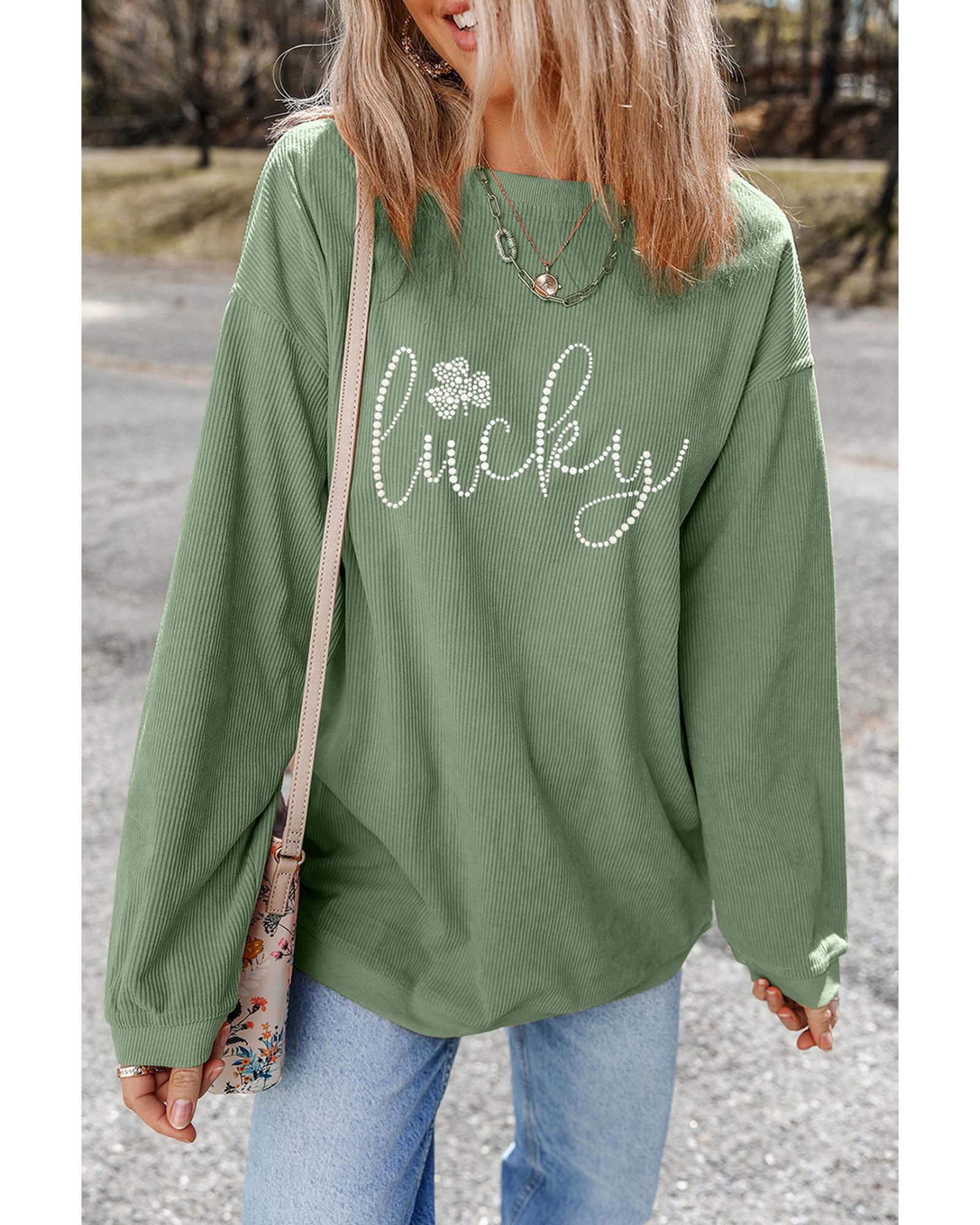 Grass Green Rhinestone lucky Clover Graphic Ribbed St Patrick Sweatshirt - S