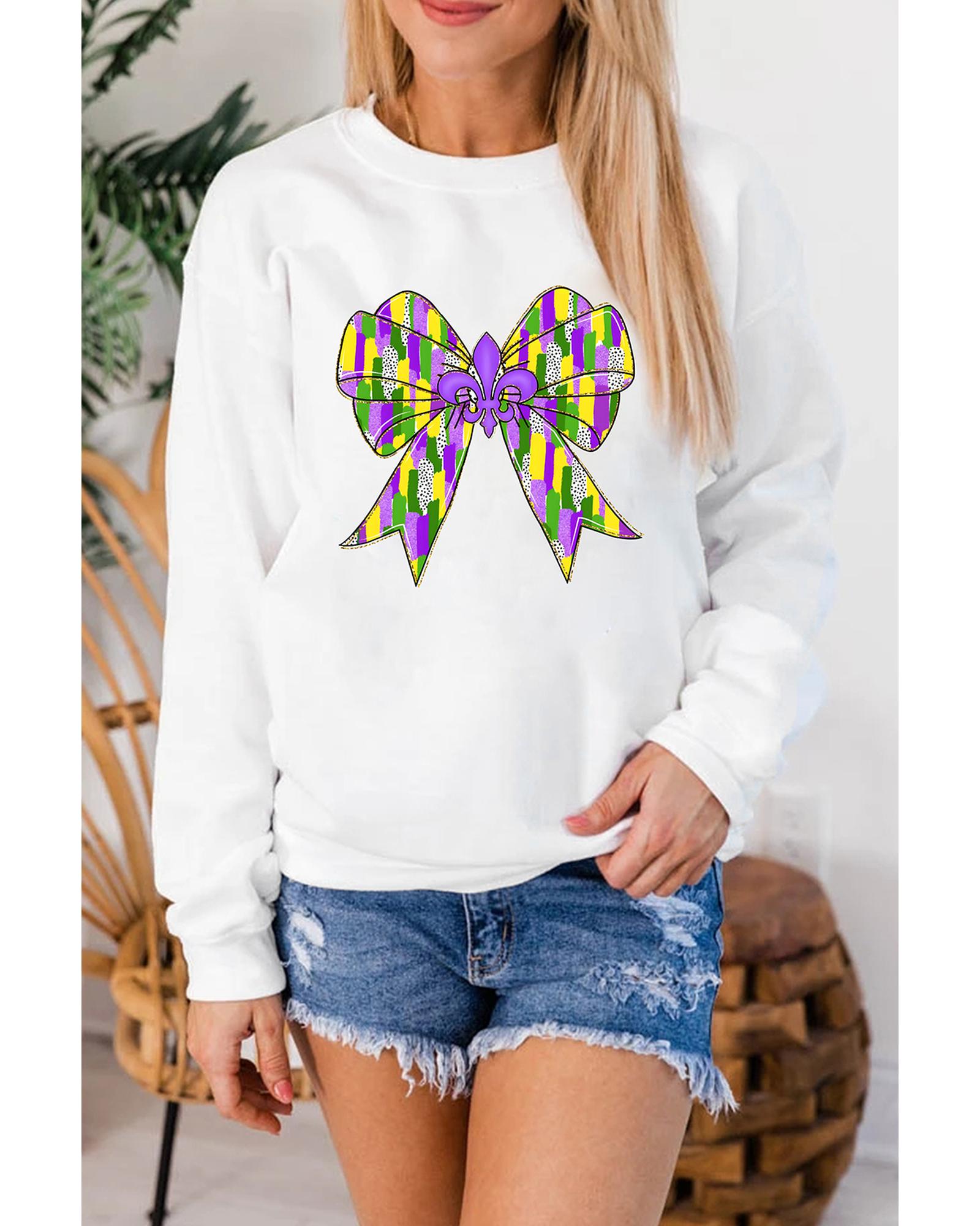 White Mardi Gras Bowknot Graphic Pullover Sweatshirt - M