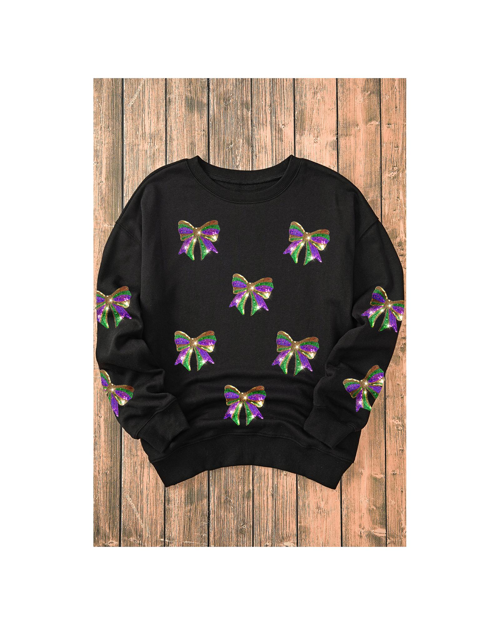Black Sequin Mardi Gras Bow Graphic Drop Shoulder Pullover Sweatshirt - L