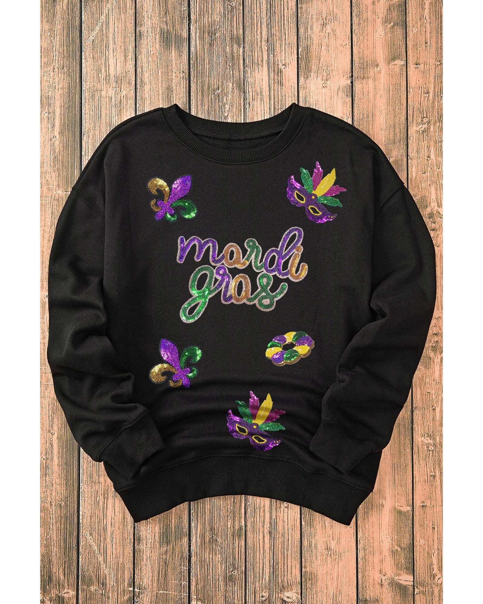 Black Sequin mardi gras Fleur de Lis Graphic Pullover Sweatshirt - L