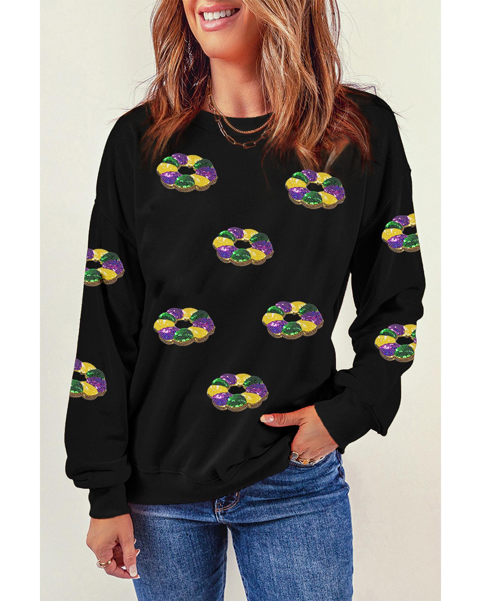 Black Sequined Donuts of Mardi Gras Colors Drop Shoulder Sweatshirt - L