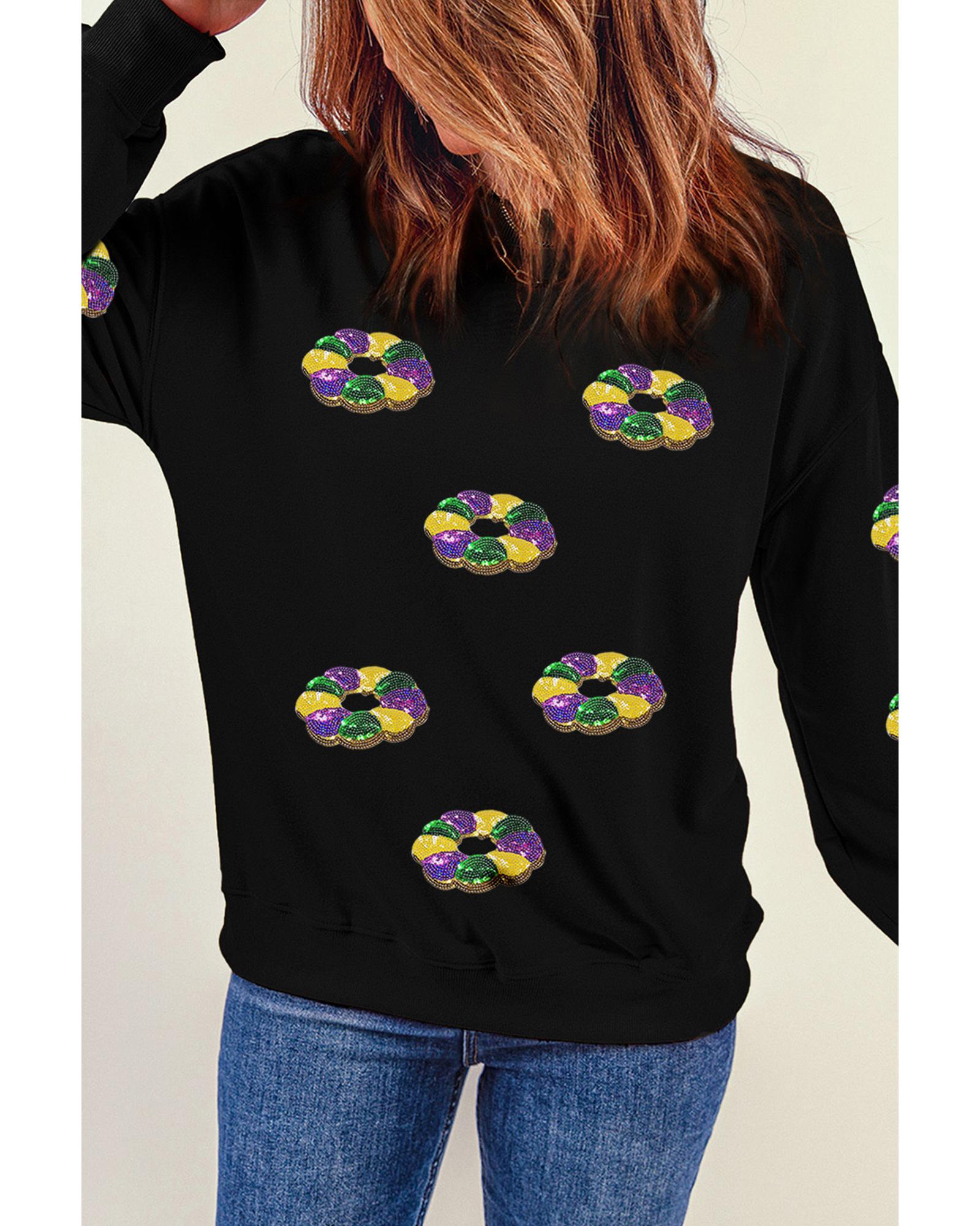 Black Sequined Donuts of Mardi Gras Colors Drop Shoulder Sweatshirt - S