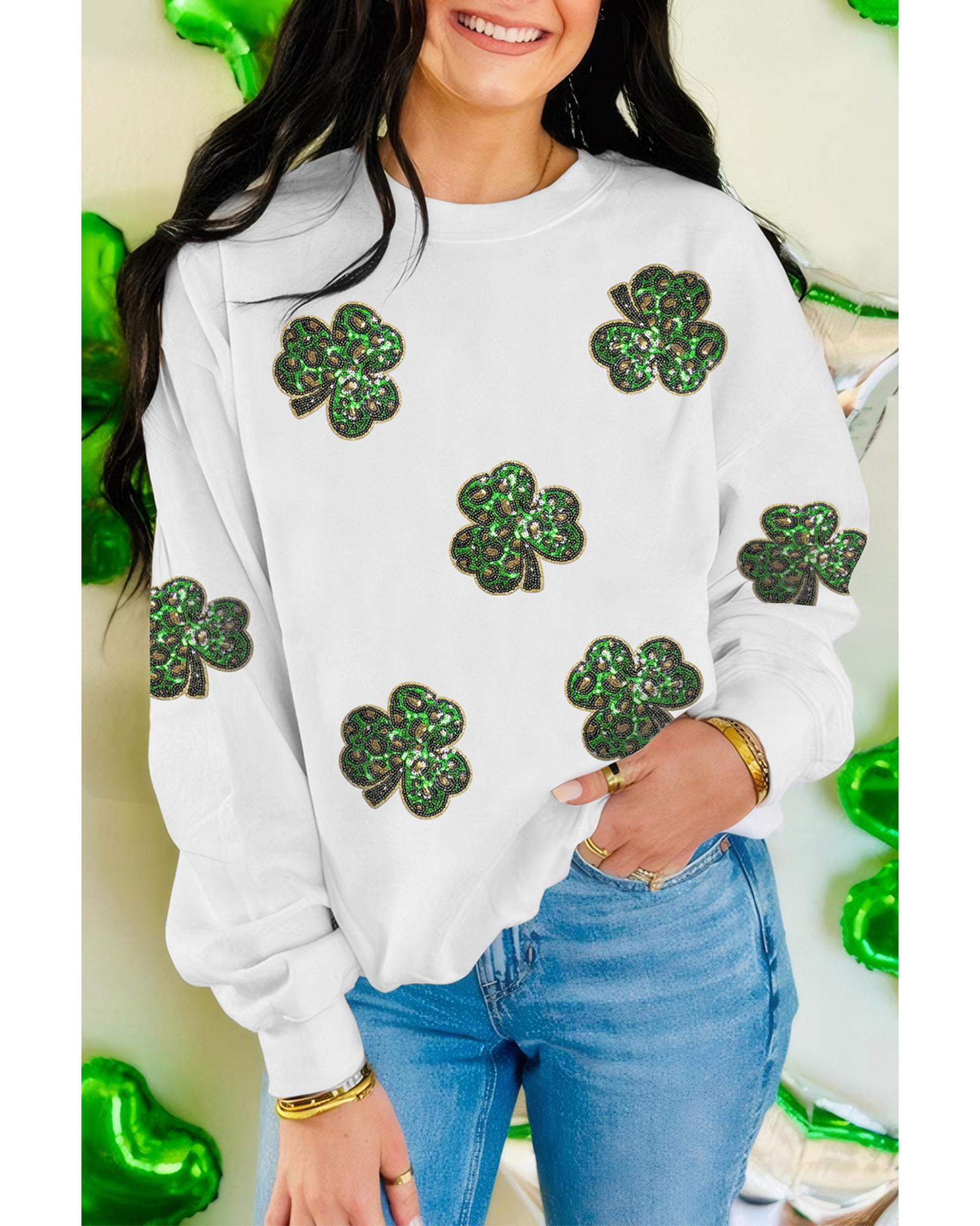 White Sequin Clover Patched Pattern St Patrick Pullover Sweatshirt - 2XL