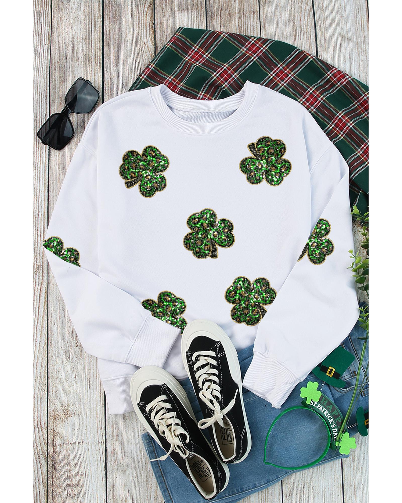 White Sequin Clover Patched Pattern St Patrick Pullover Sweatshirt - 2XL