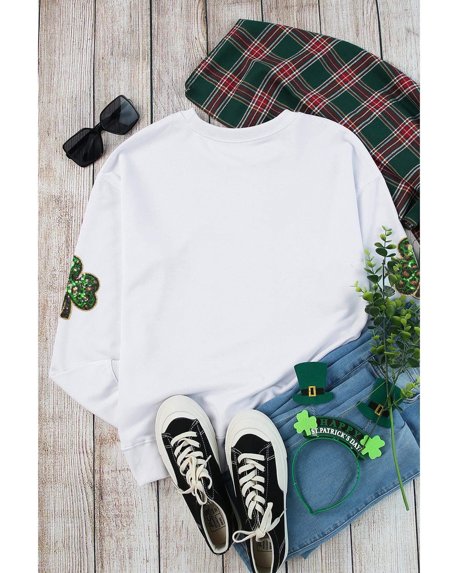 White Sequin Clover Patched Pattern St Patrick Pullover Sweatshirt - 2XL
