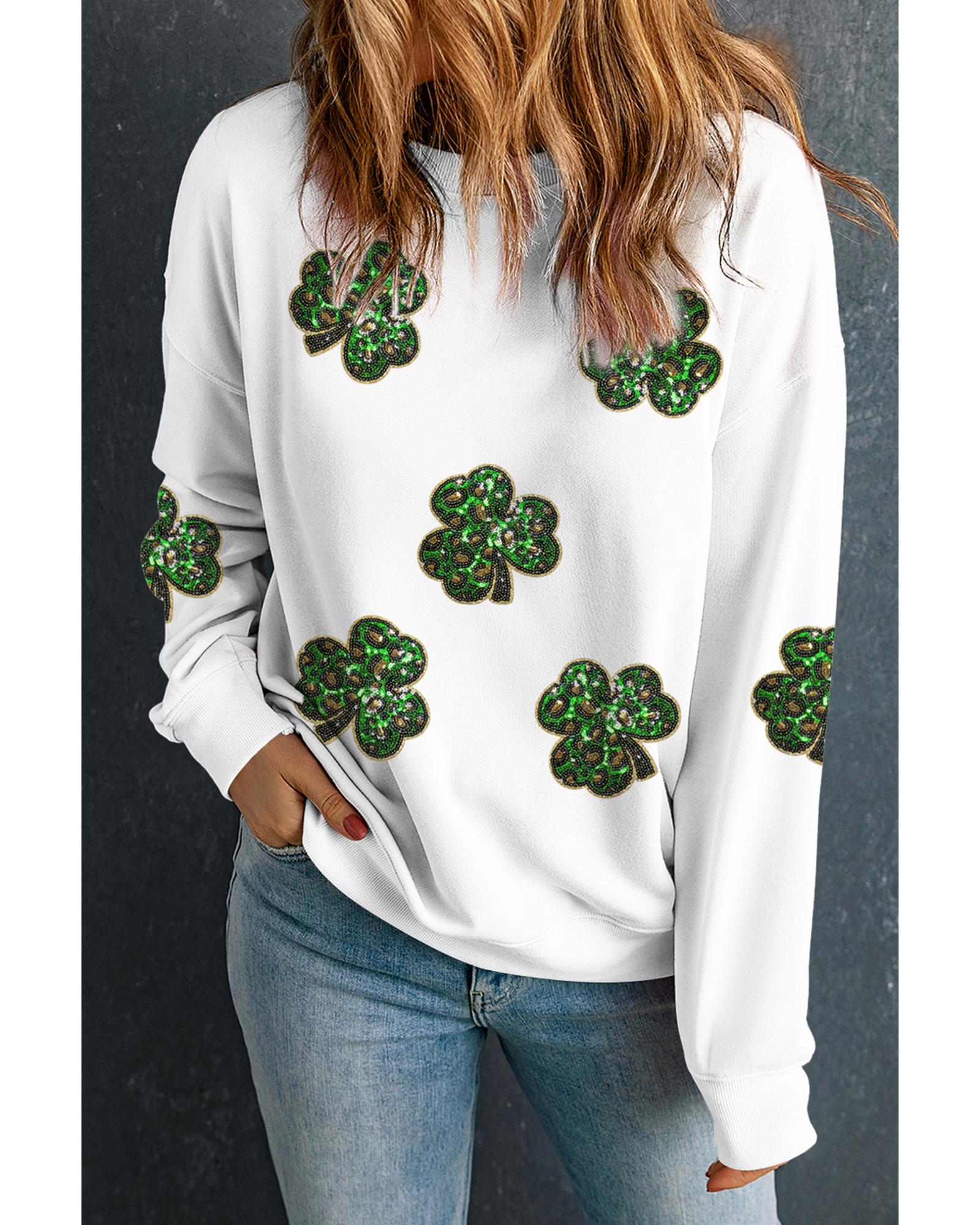 White Sequin Clover Patched Pattern St Patrick Pullover Sweatshirt - 2XL
