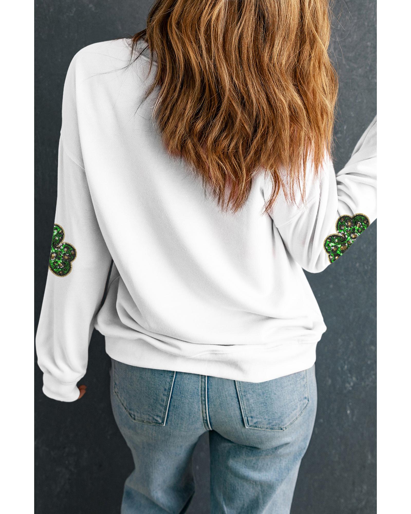 White Sequin Clover Patched Pattern St Patrick Pullover Sweatshirt - 2XL