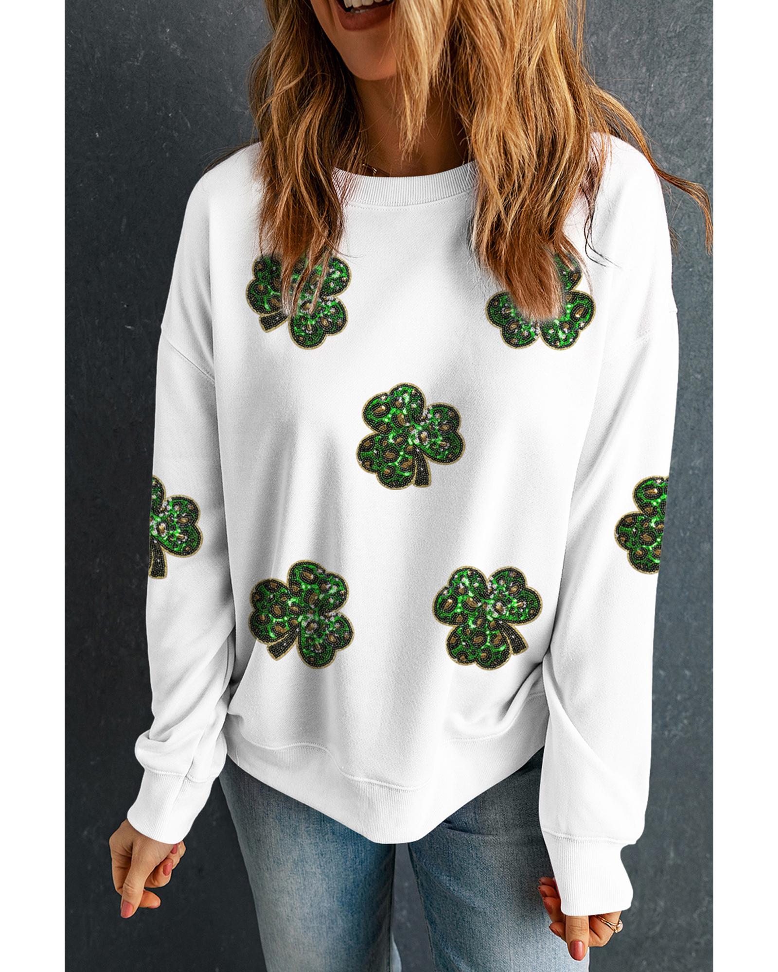 White Sequin Clover Patched Pattern St Patrick Pullover Sweatshirt - XL