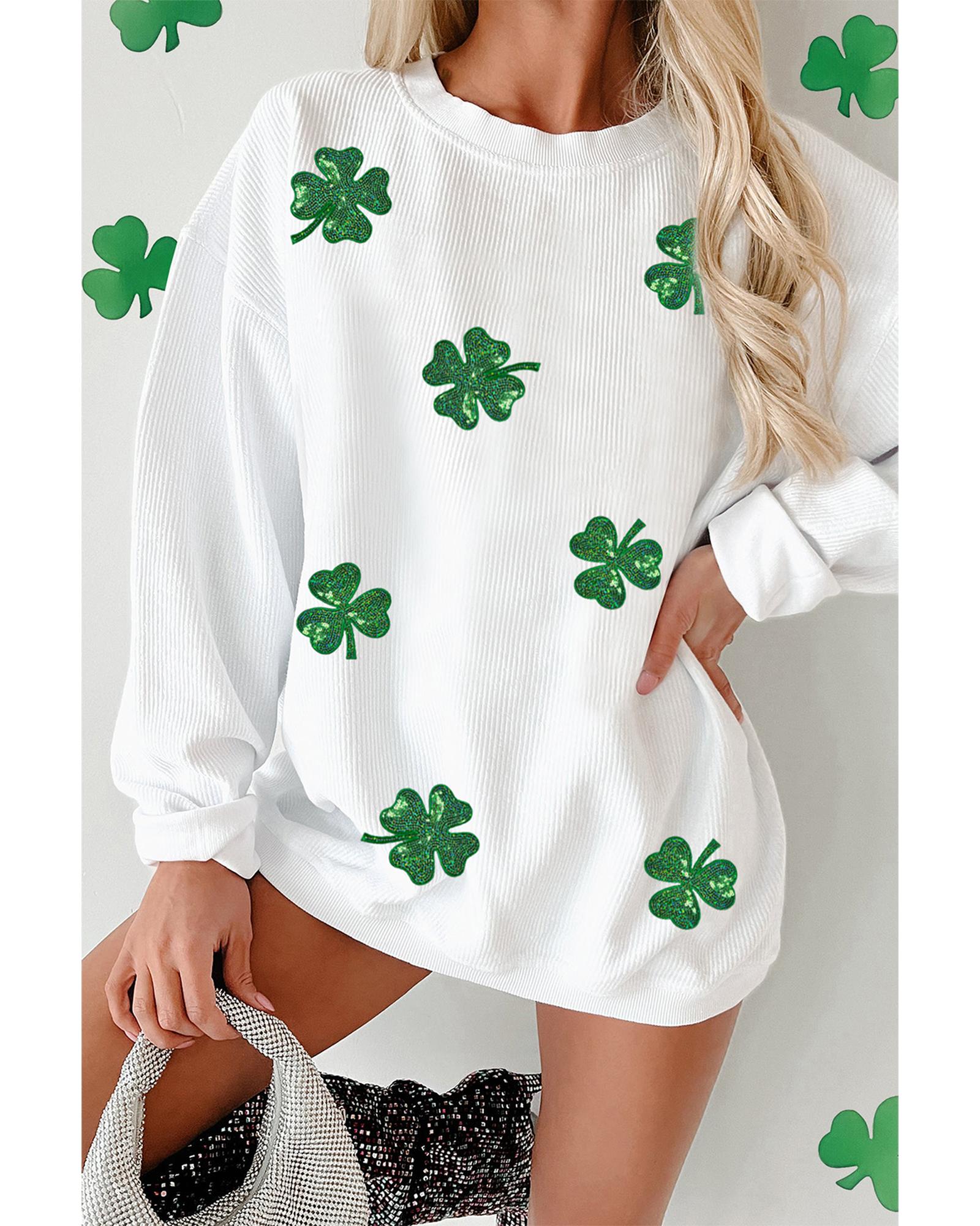 White Sequin Clover Patched Drop Shoulder Corded Sweatshirt - S