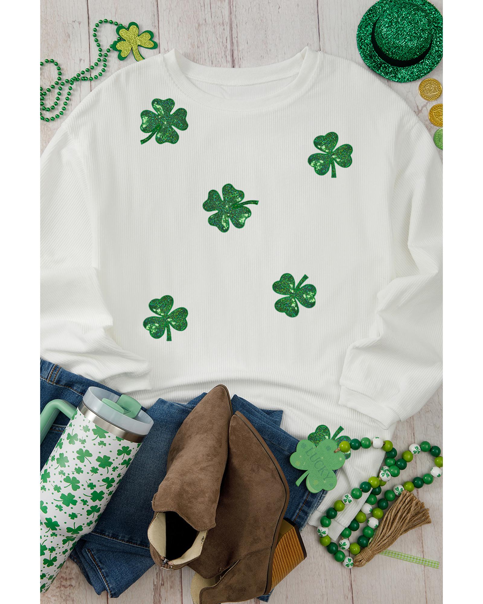 White Sequin Clover Patched Drop Shoulder Corded Sweatshirt - S