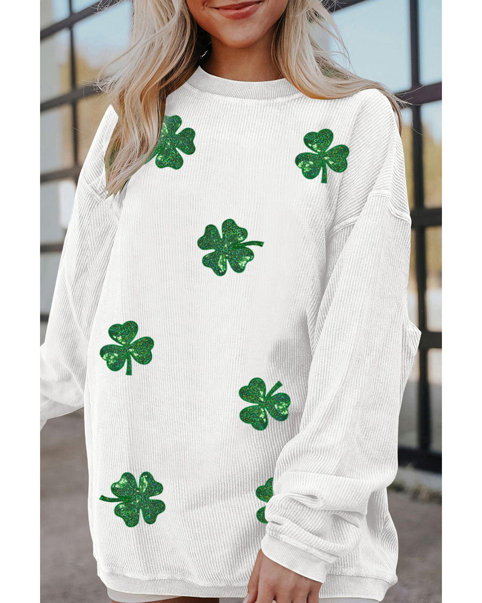White Sequin Clover Patched Drop Shoulder Corded Sweatshirt - S