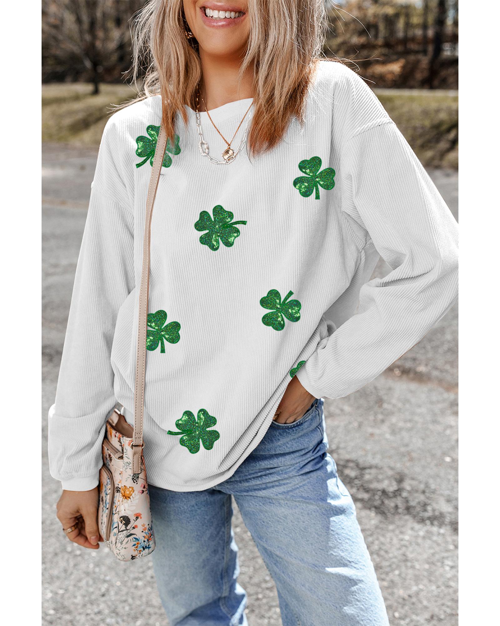 White Sequin Clover Patched Drop Shoulder Corded Sweatshirt - S