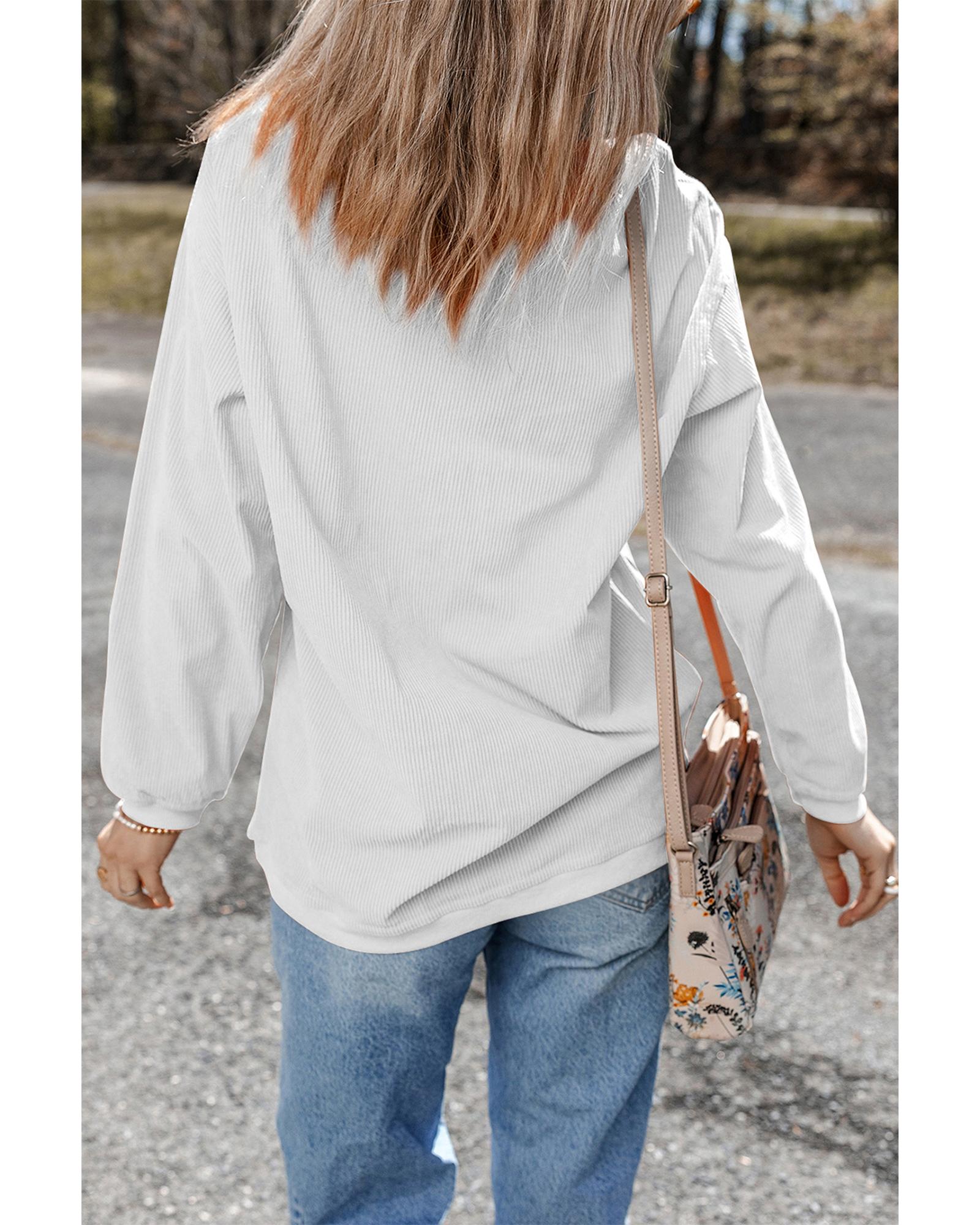 White Sequin Clover Patched Drop Shoulder Corded Sweatshirt - S