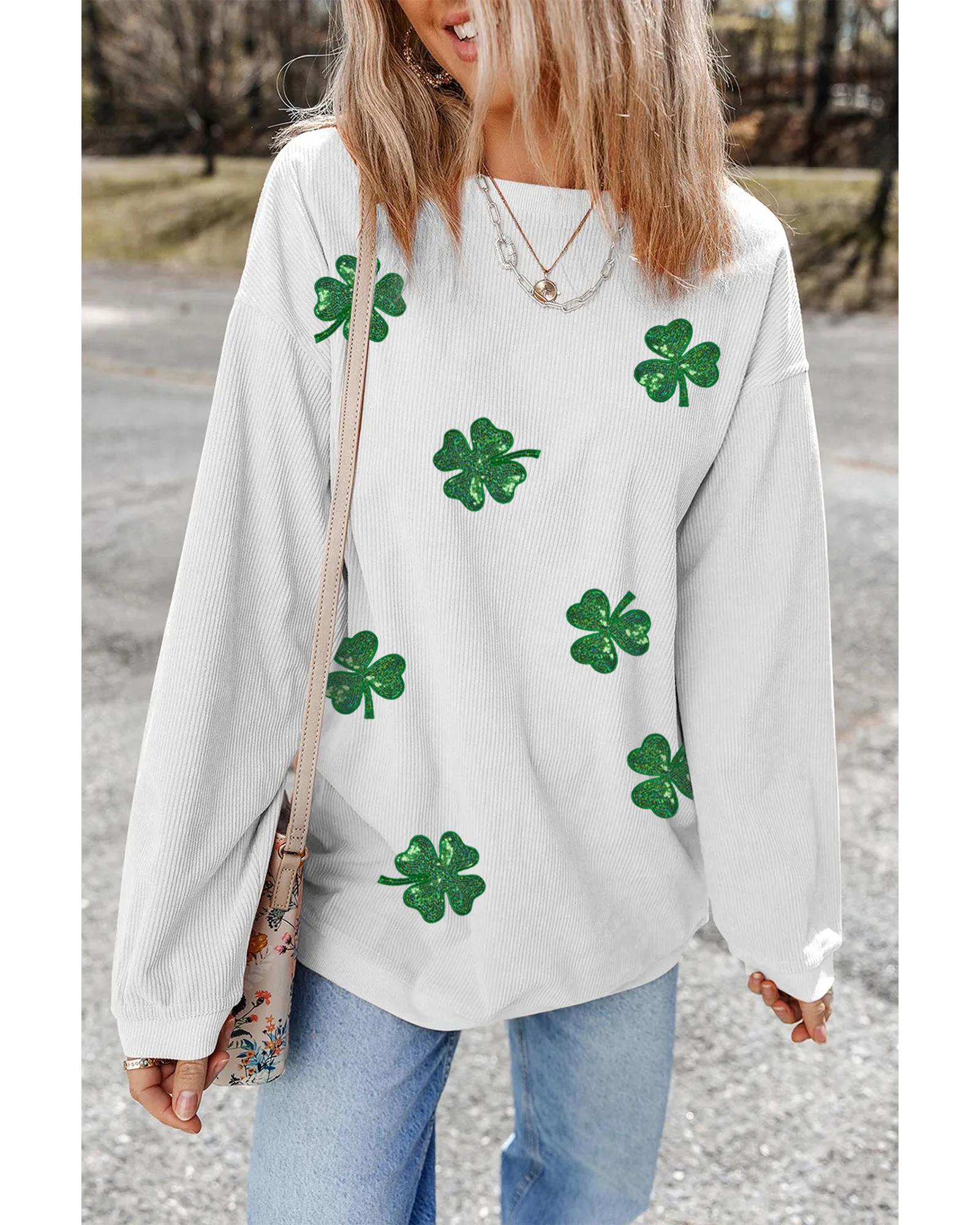 White Sequin Clover Patched Drop Shoulder Corded Sweatshirt - S