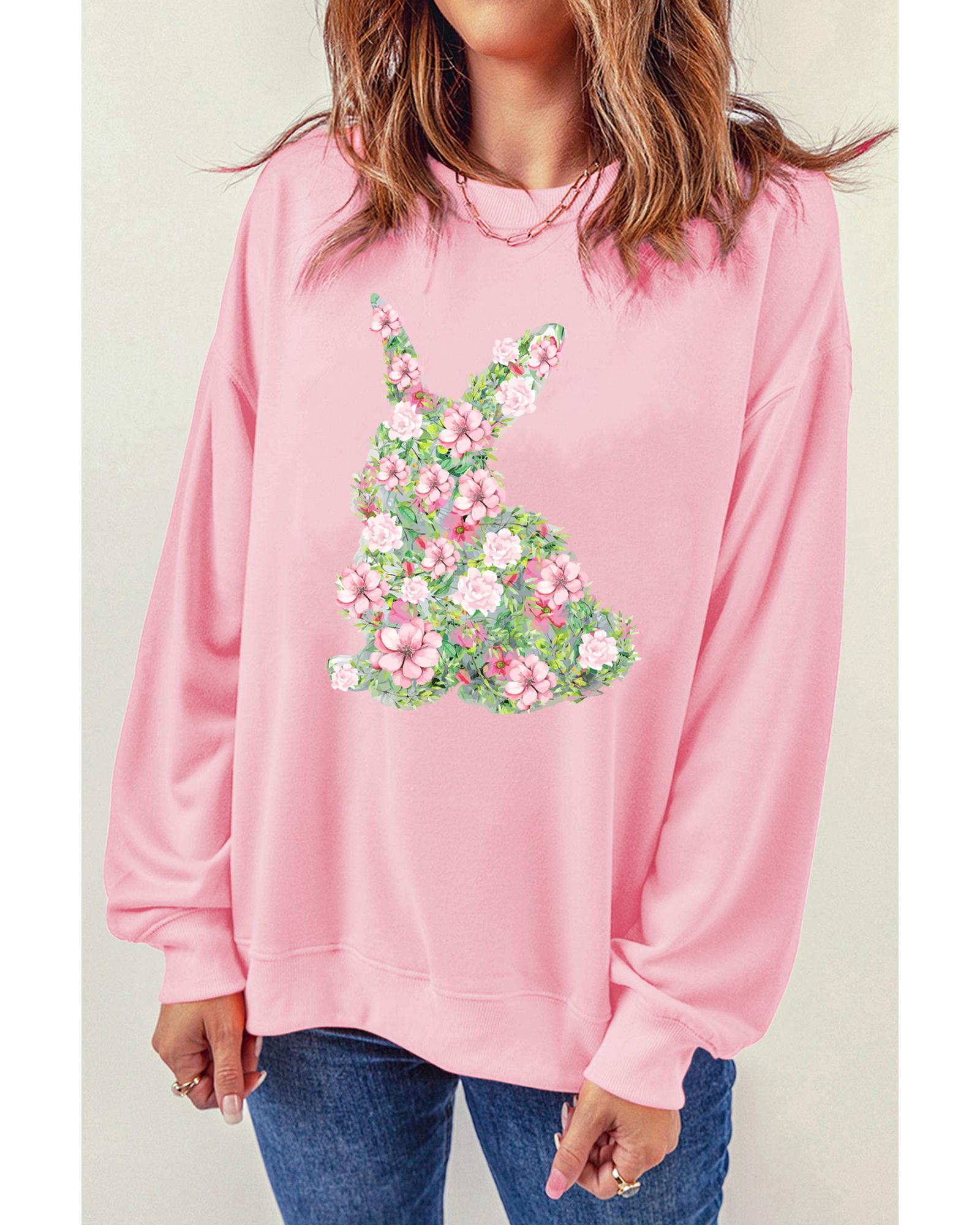 Pink Floral Bunny Printed Crewneck Easter Fashion Sweatshirt - 2XL