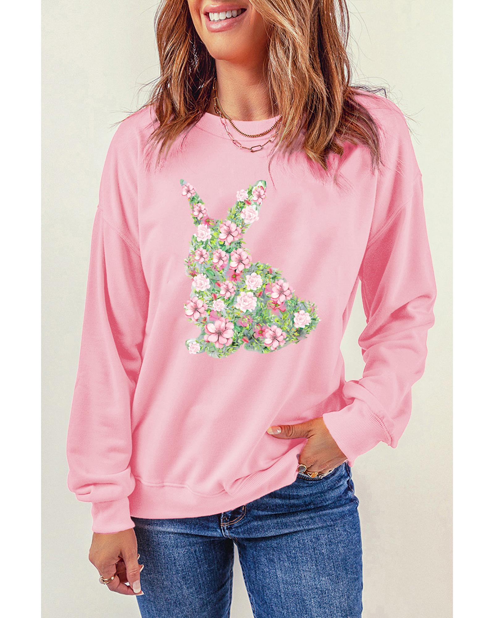 Pink Floral Bunny Printed Crewneck Easter Fashion Sweatshirt - M