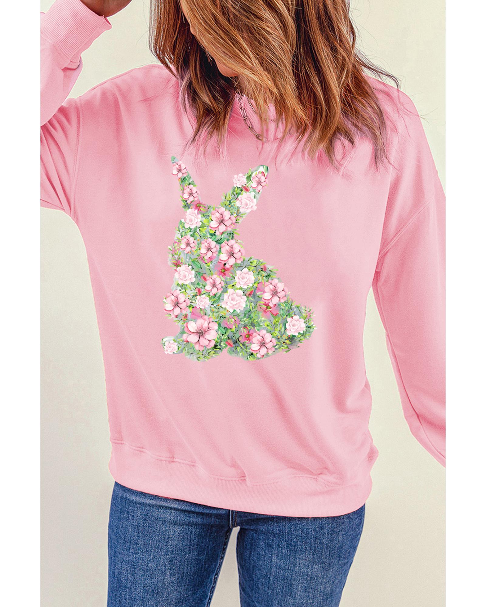 Pink Floral Bunny Printed Crewneck Easter Fashion Sweatshirt - S