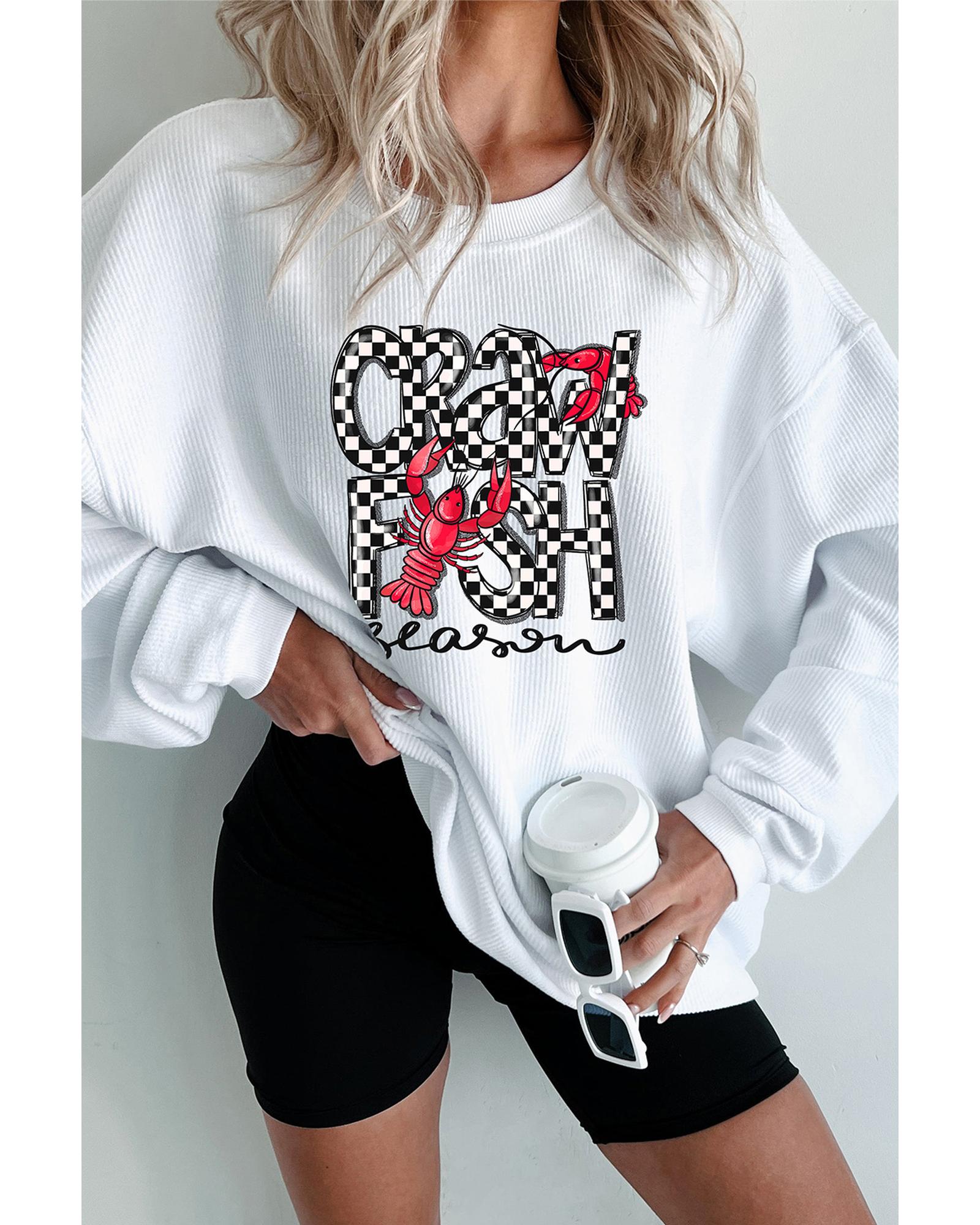 White Crawfish Season Checkered Letter Graphic Corded Sweatshirt - L