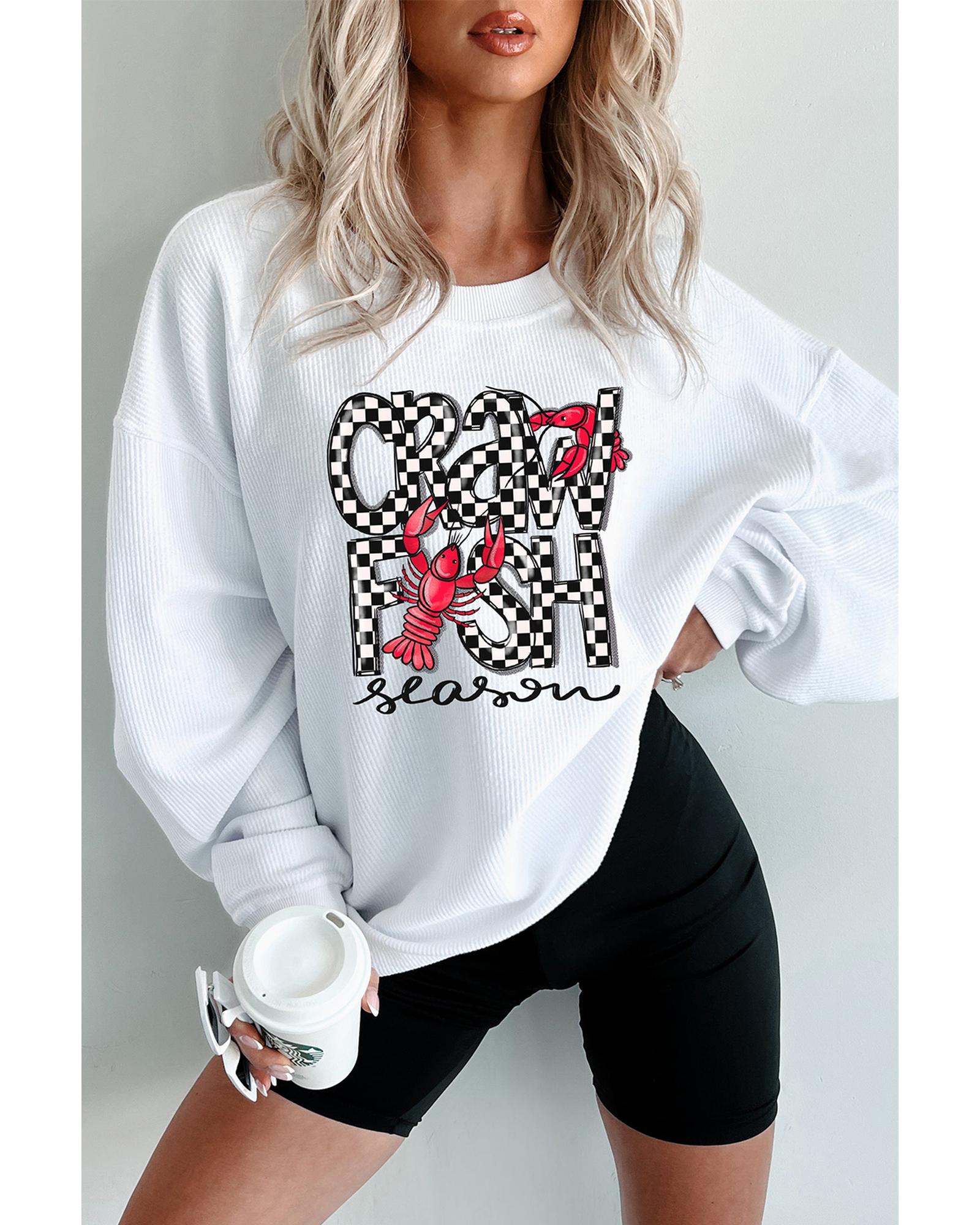White Crawfish Season Checkered Letter Graphic Corded Sweatshirt - M