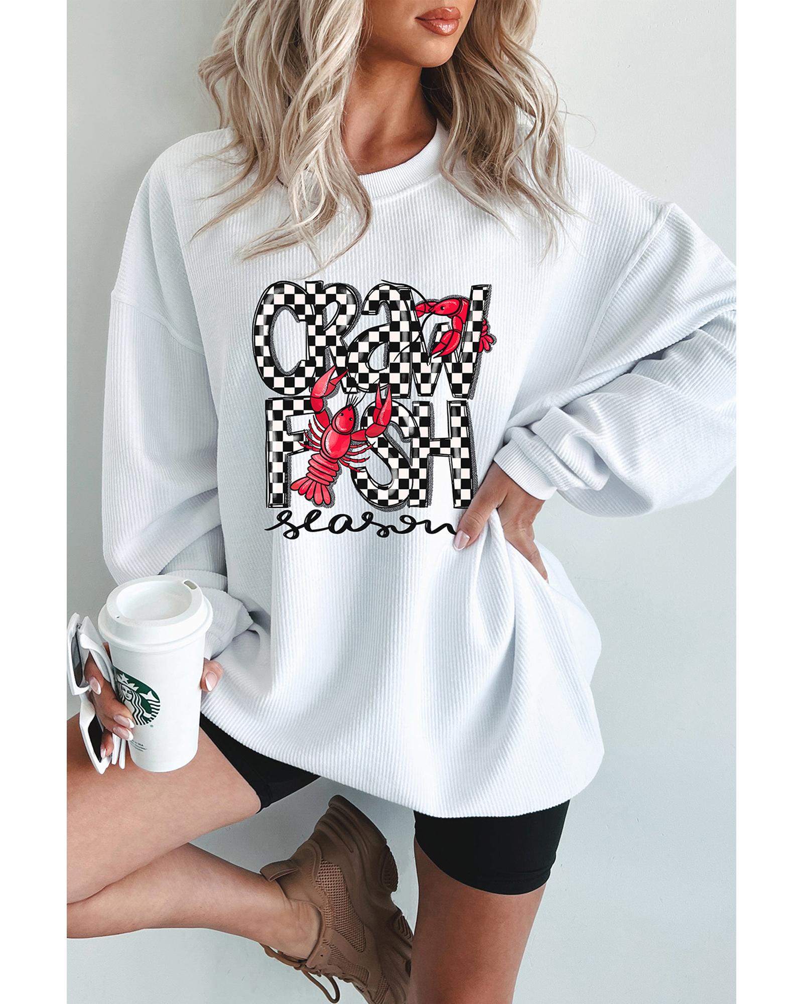 White Crawfish Season Checkered Letter Graphic Corded Sweatshirt - M