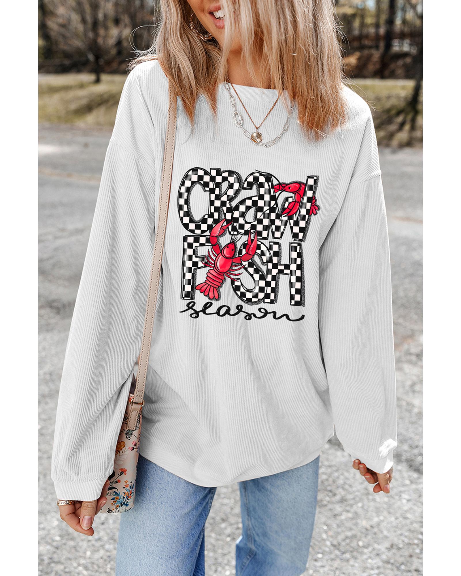 White Crawfish Season Checkered Letter Graphic Corded Sweatshirt - M