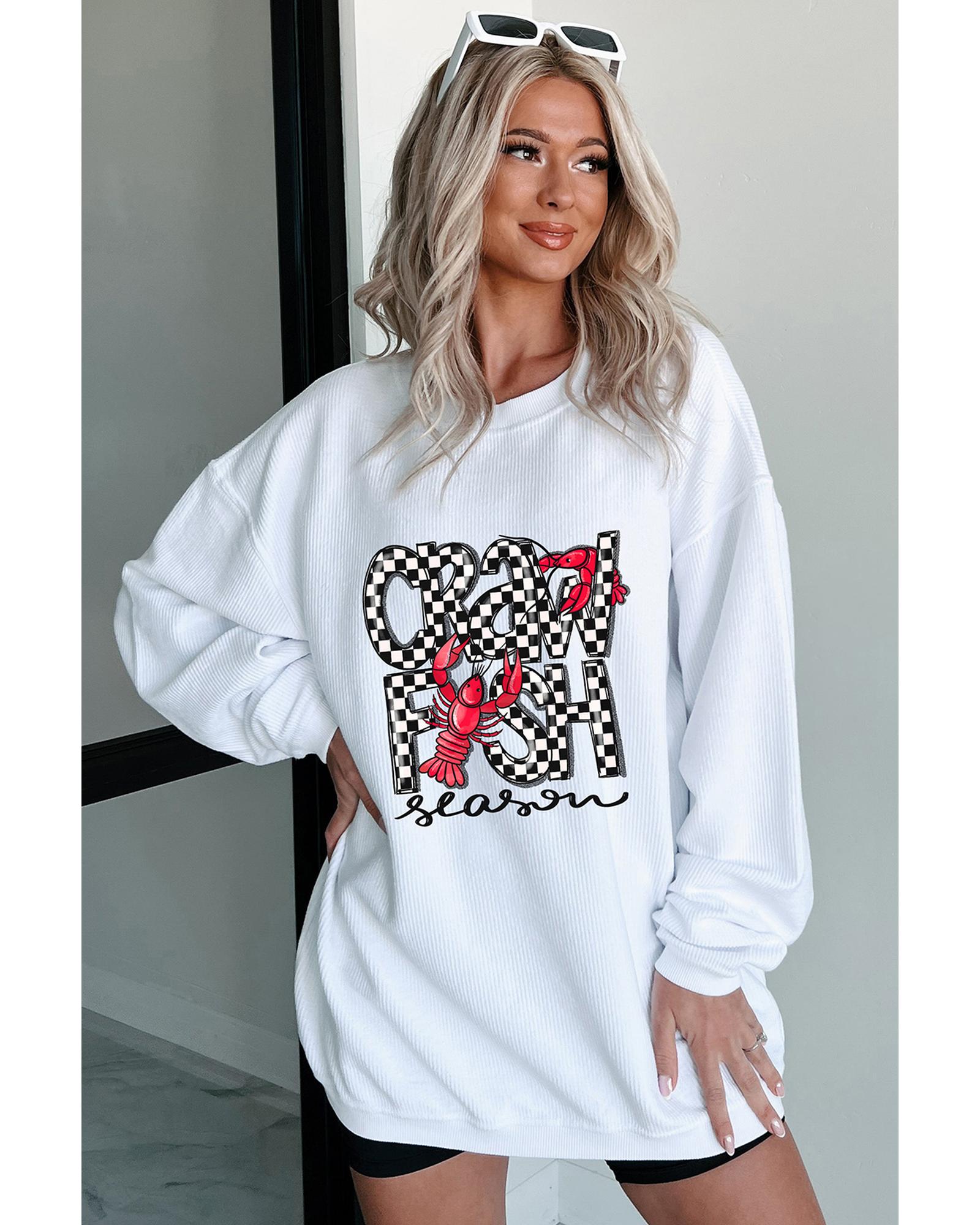 White Crawfish Season Checkered Letter Graphic Corded Sweatshirt - S