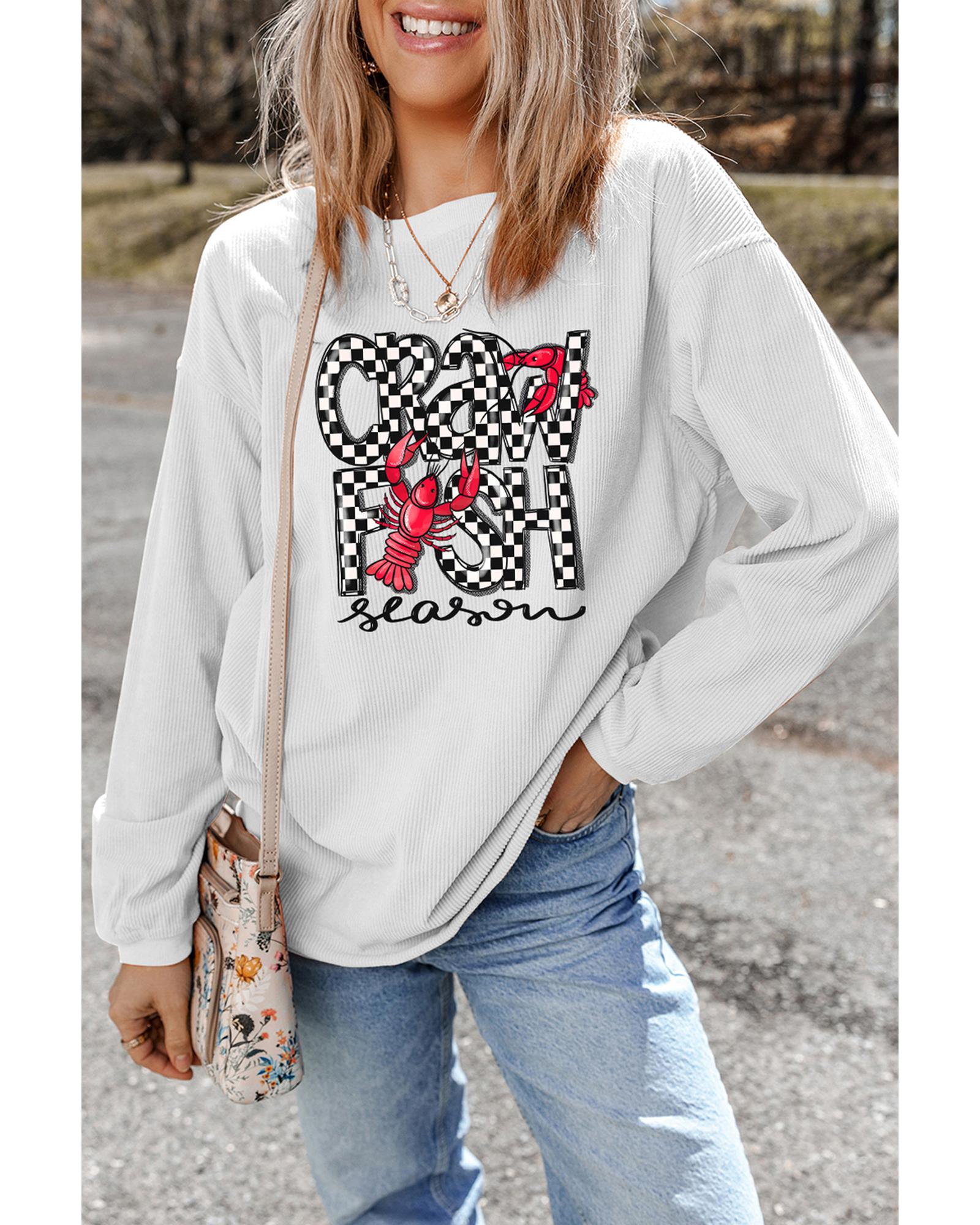 White Crawfish Season Checkered Letter Graphic Corded Sweatshirt - S