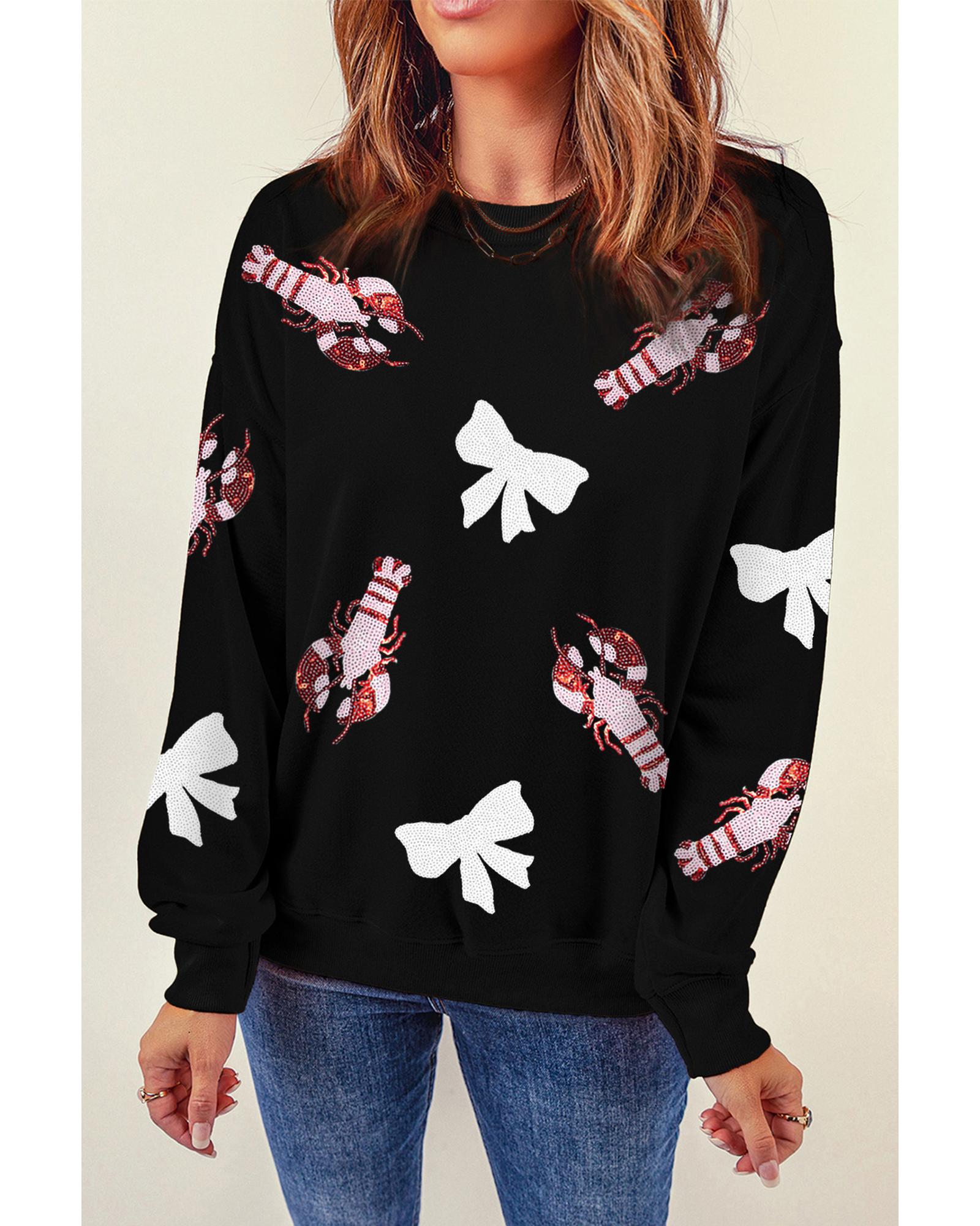 Black Crawfish Bow Sequin Patched Graphic Sweatshirt - S