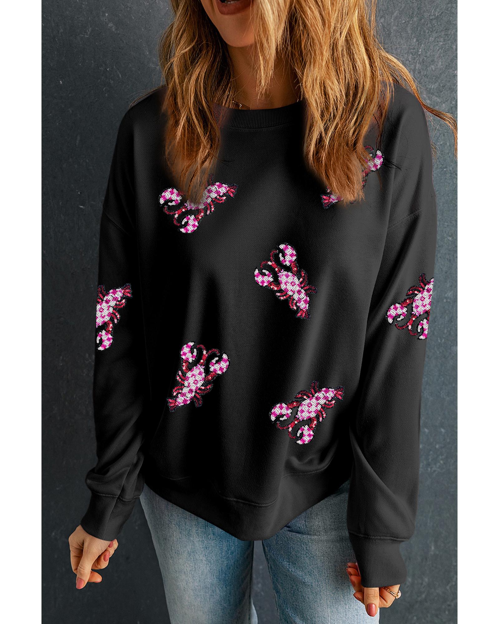 Black Sequined Crawfish Graphic Drop Shoulder Sweatshirt - M