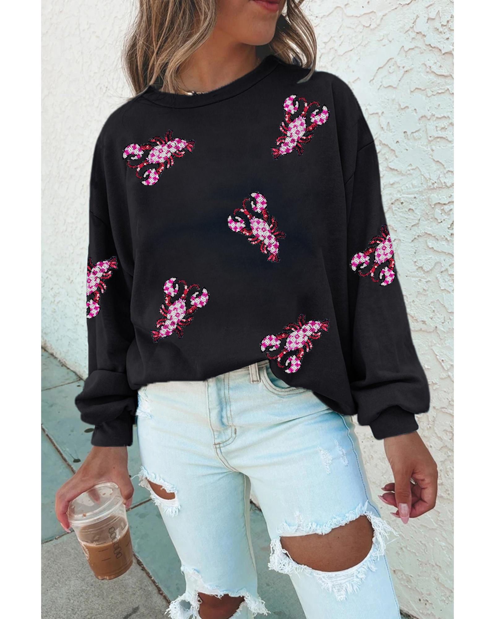 Black Sequined Crawfish Graphic Drop Shoulder Sweatshirt - XL