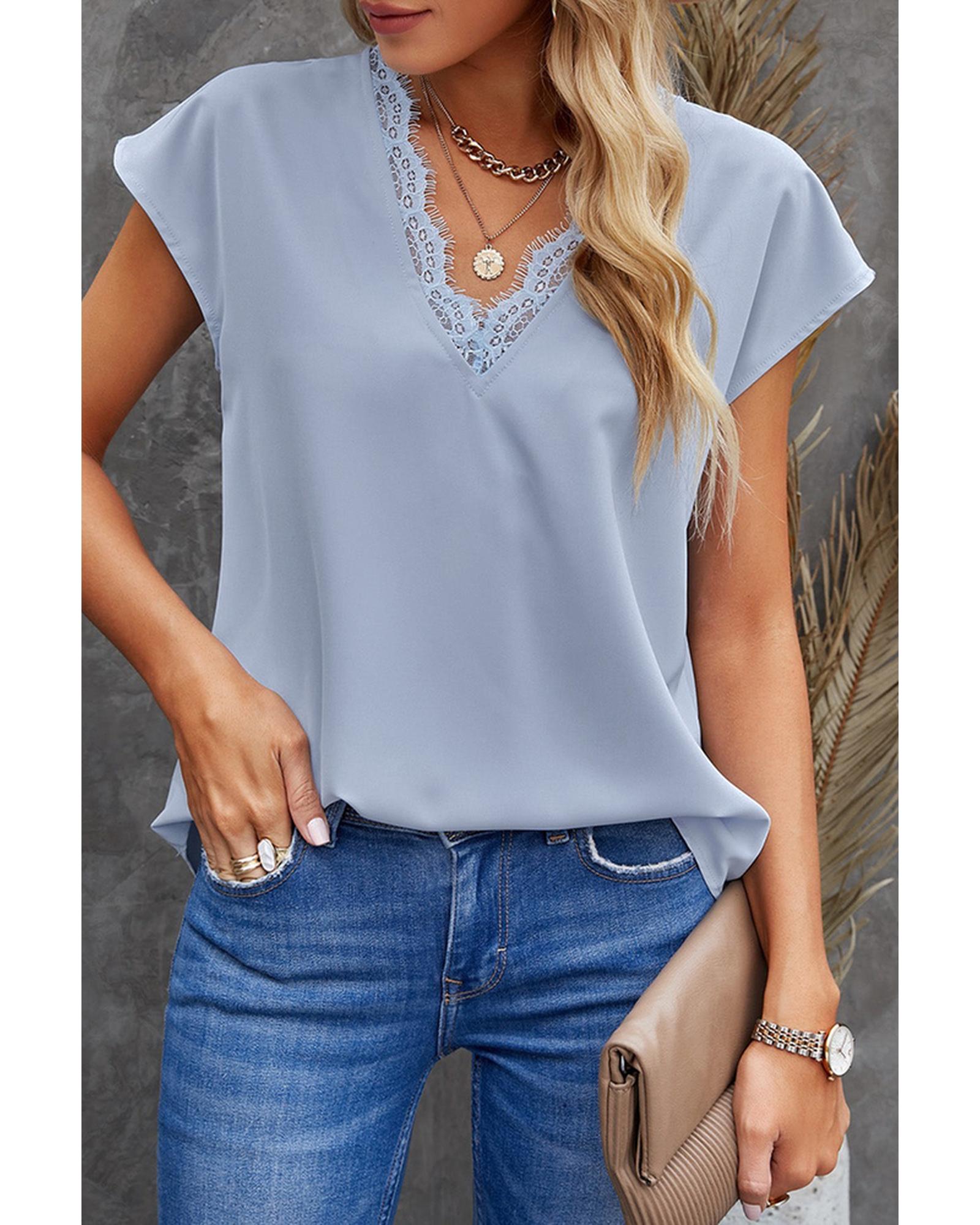 Azura Exchange Lace Trim V Neck T-shirt - L