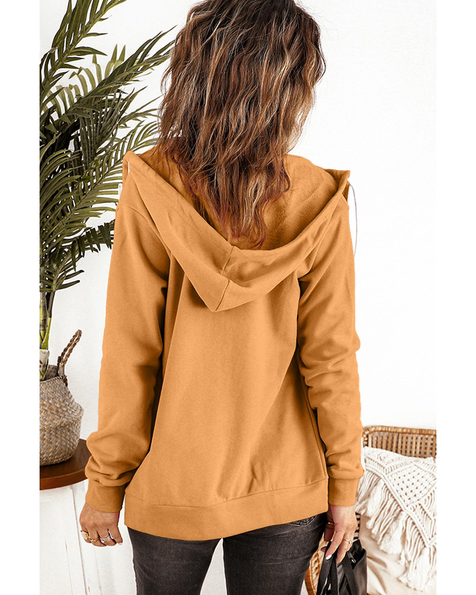 Brown Zip-Up Pocket Drawstring Hoodie Jacket - M