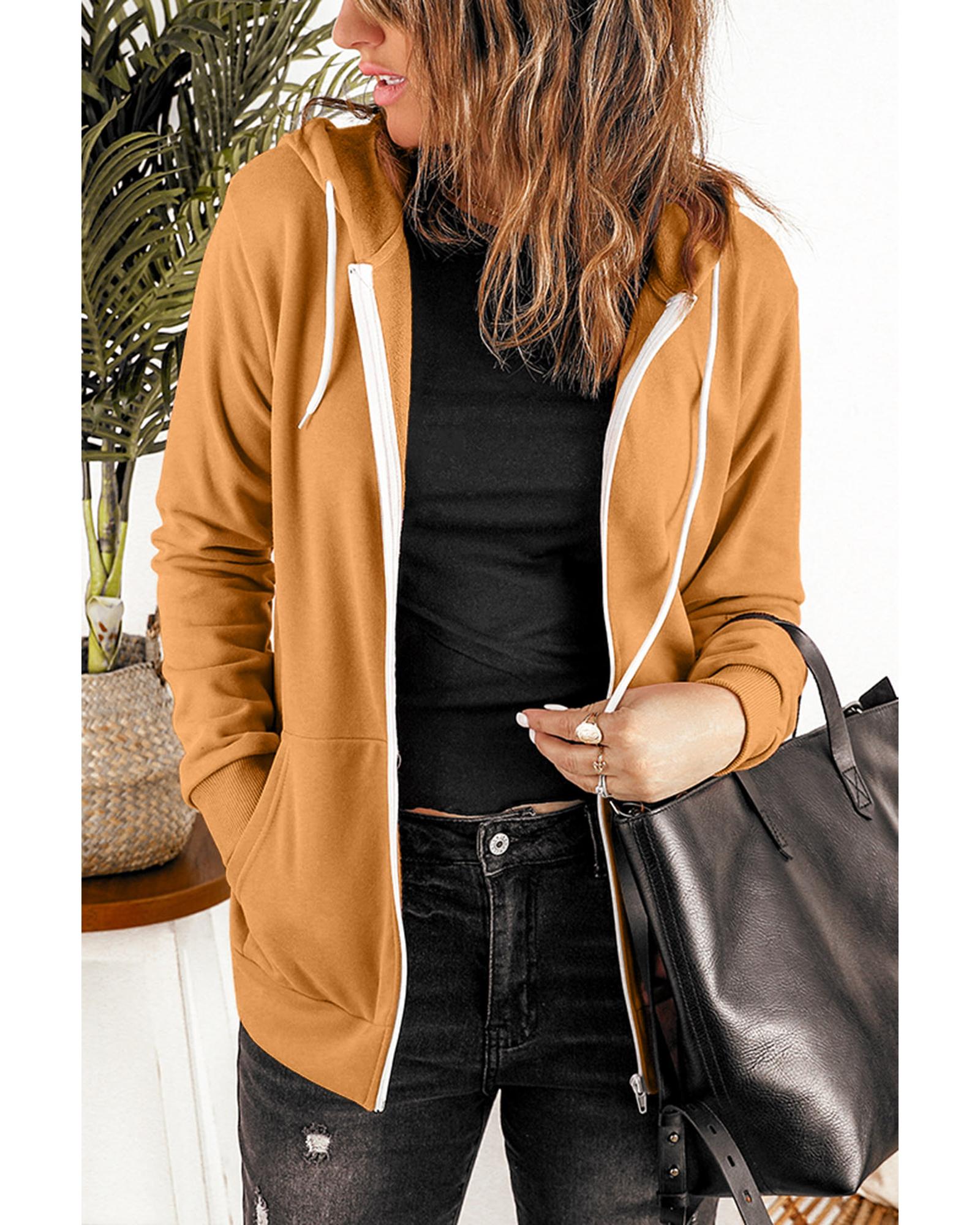 Brown Zip-Up Pocket Drawstring Hoodie Jacket - M