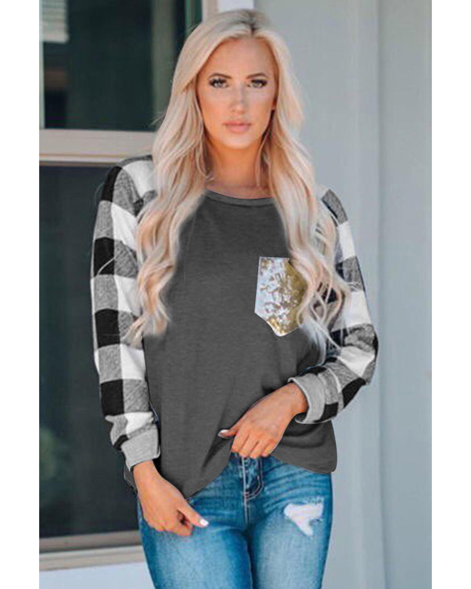 Azura Exchange Sequined Pocket Plaid Long Sleeve Top - 2XL
