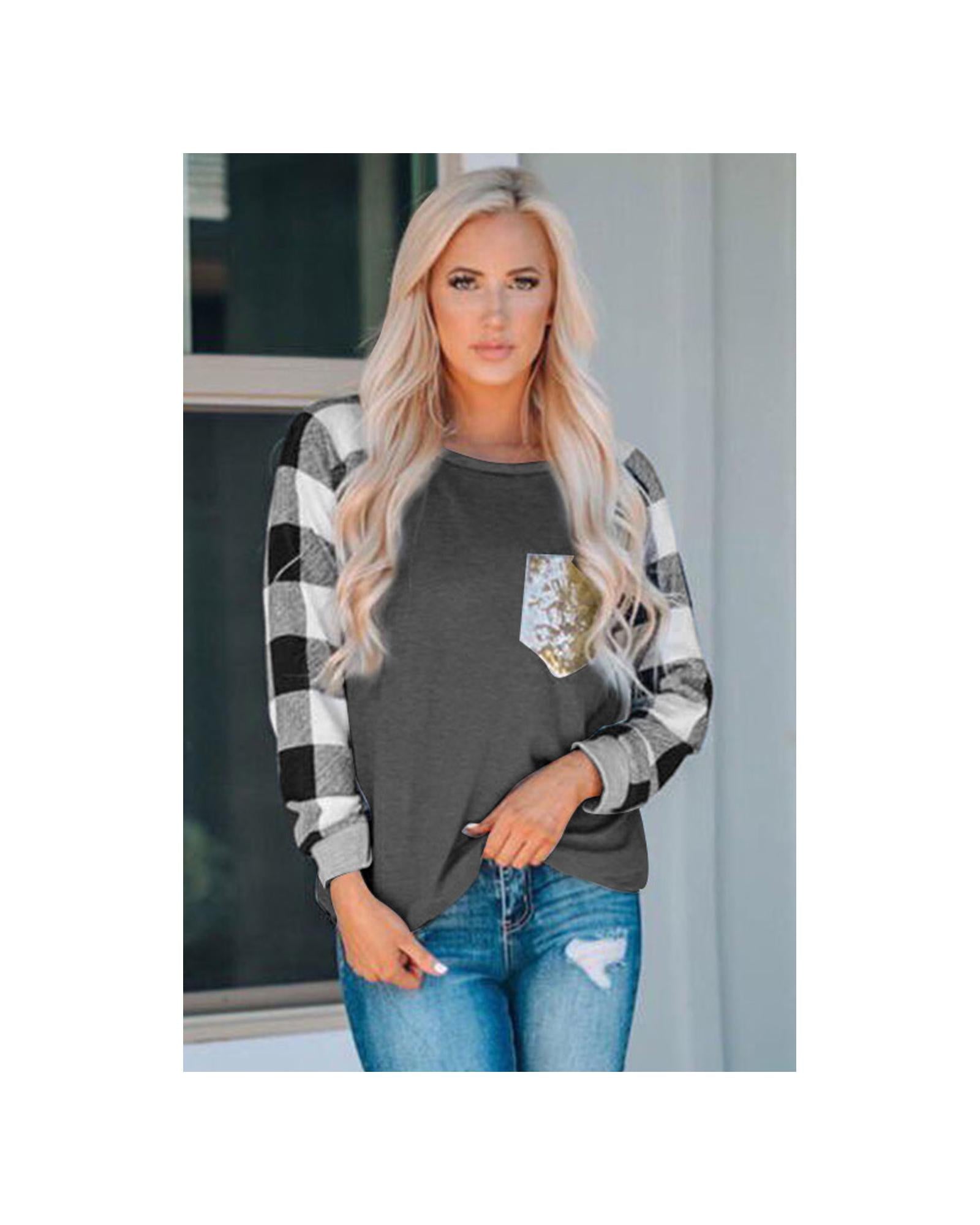 Azura Exchange Sequined Pocket Plaid Long Sleeve Top - 2XL