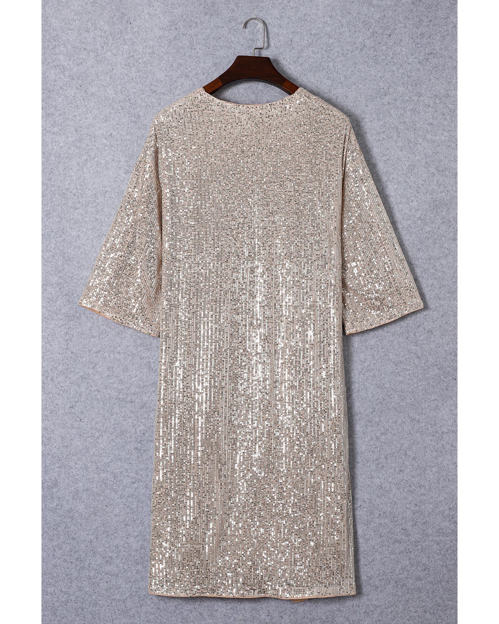 Apricot Sequin 3/4 Sleeve Open Front Duster Kimono - L
