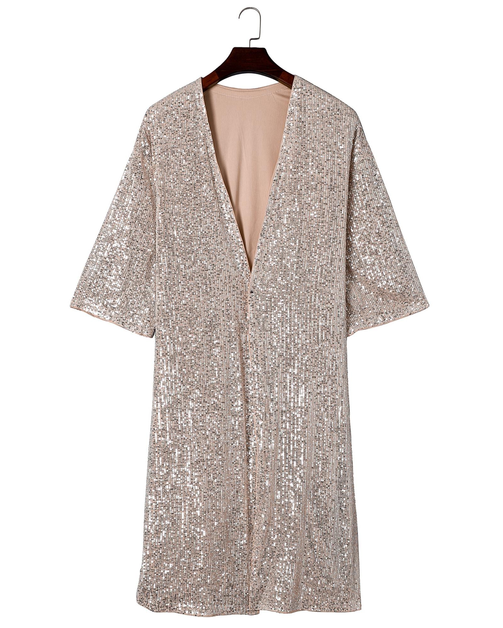 Apricot Sequin 3/4 Sleeve Open Front Duster Kimono - S