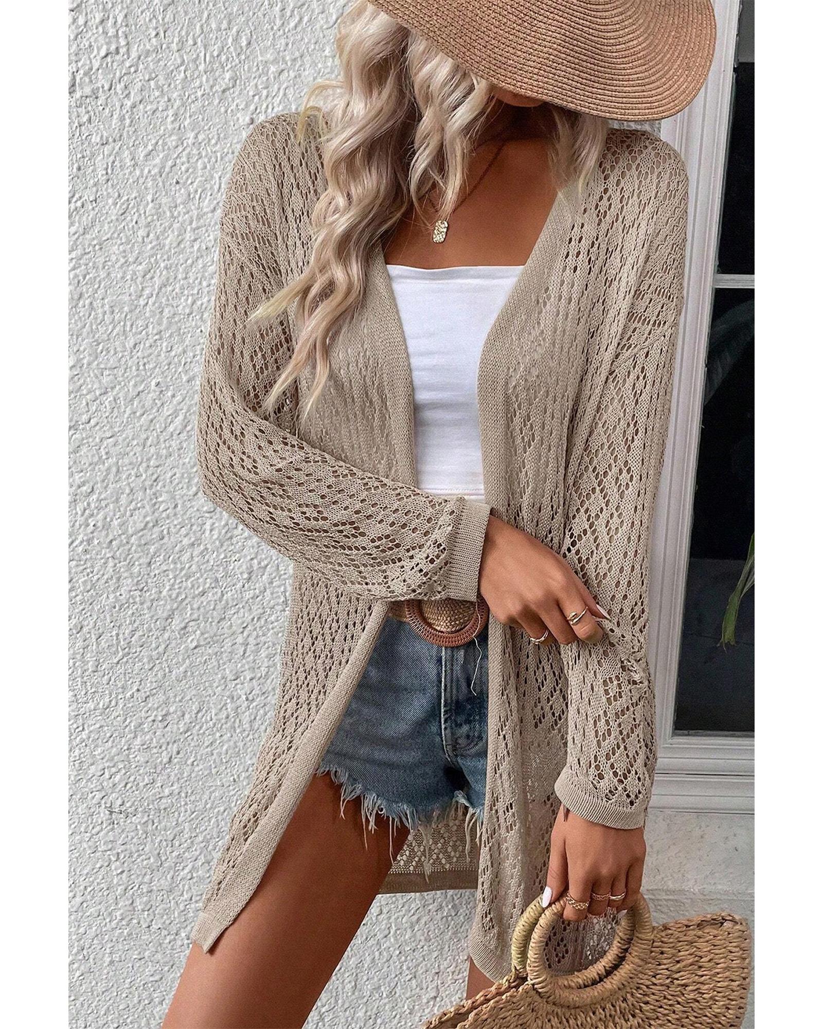 Smoke Gray Solid Color Pointelle Knit Open Front Cardigan - M