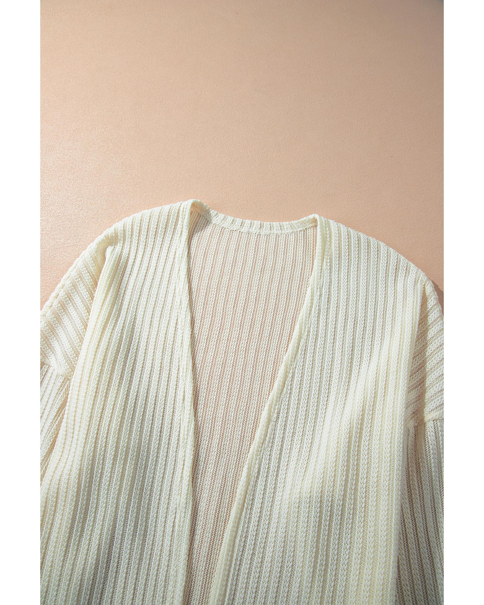 Beige Textured Lantern Sleeve Open Kimono - L