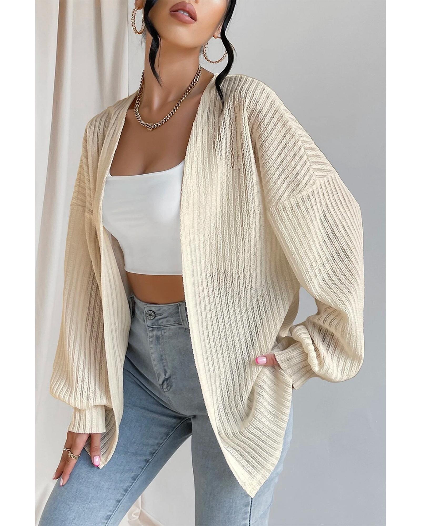 Beige Textured Lantern Sleeve Open Kimono - L