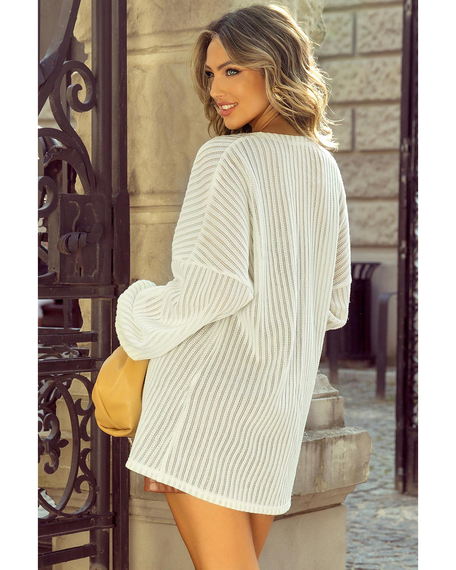 Beige Textured Lantern Sleeve Open Kimono - M