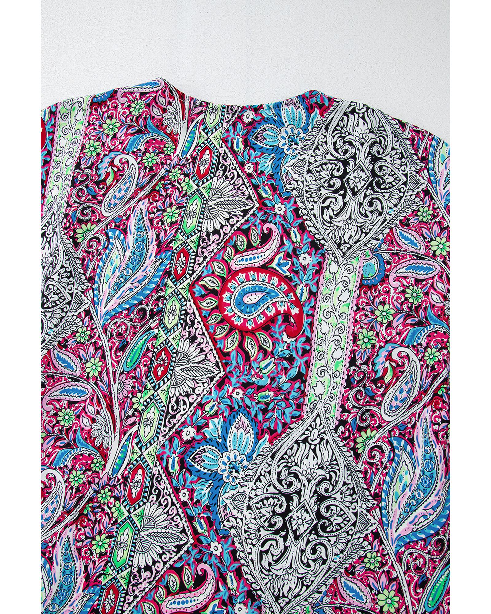 Red Paisley Print Open Front Kimono - M