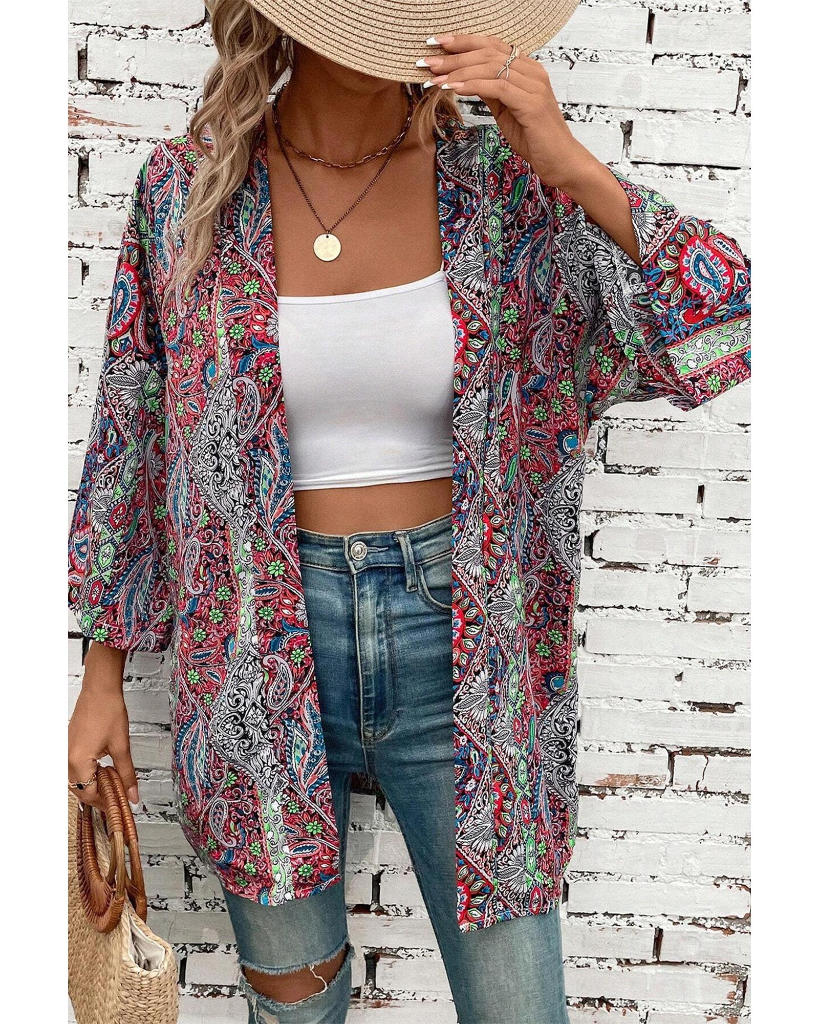 Red Paisley Print Open Front Kimono - M