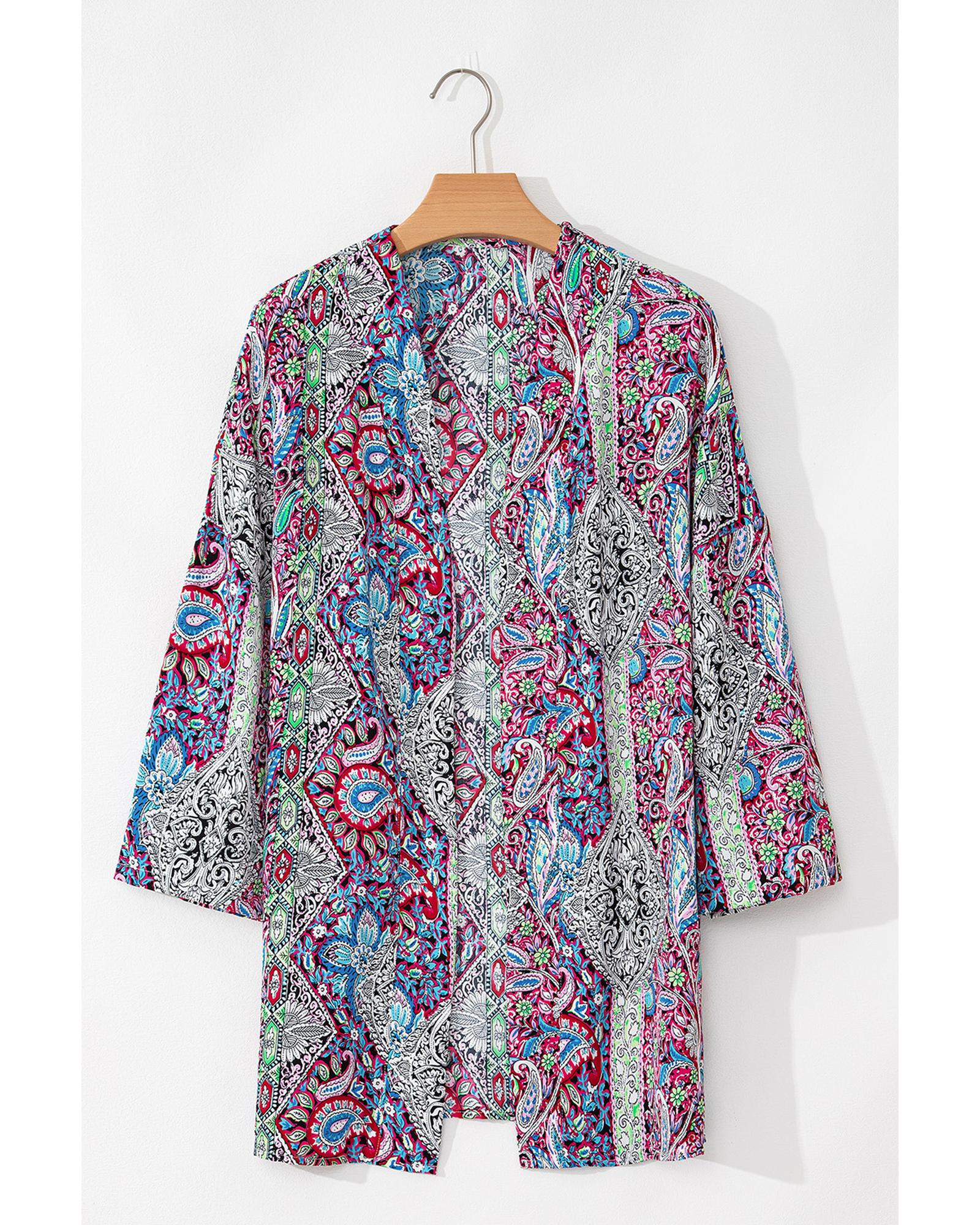 Red Paisley Print Open Front Kimono - S