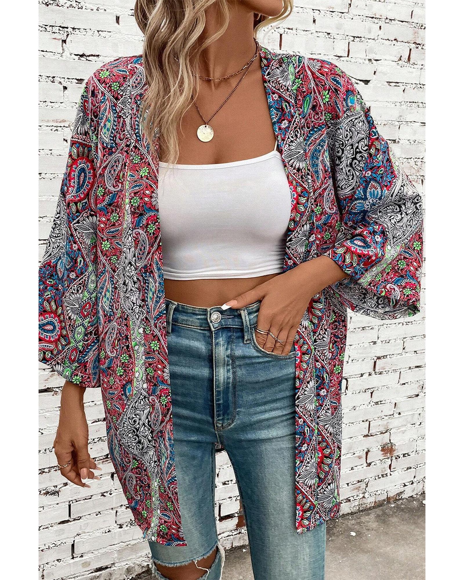 Red Paisley Print Open Front Kimono - S