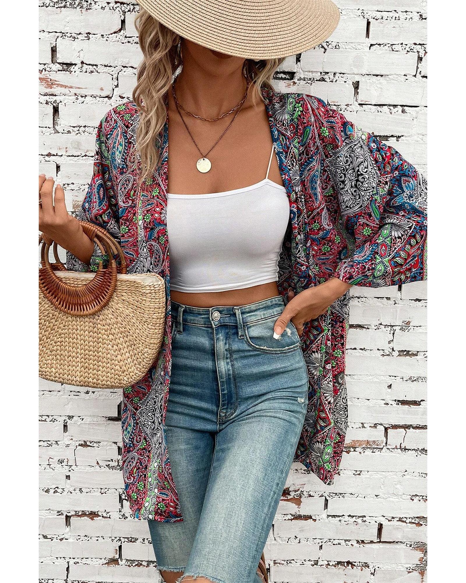 Red Paisley Print Open Front Kimono - XL